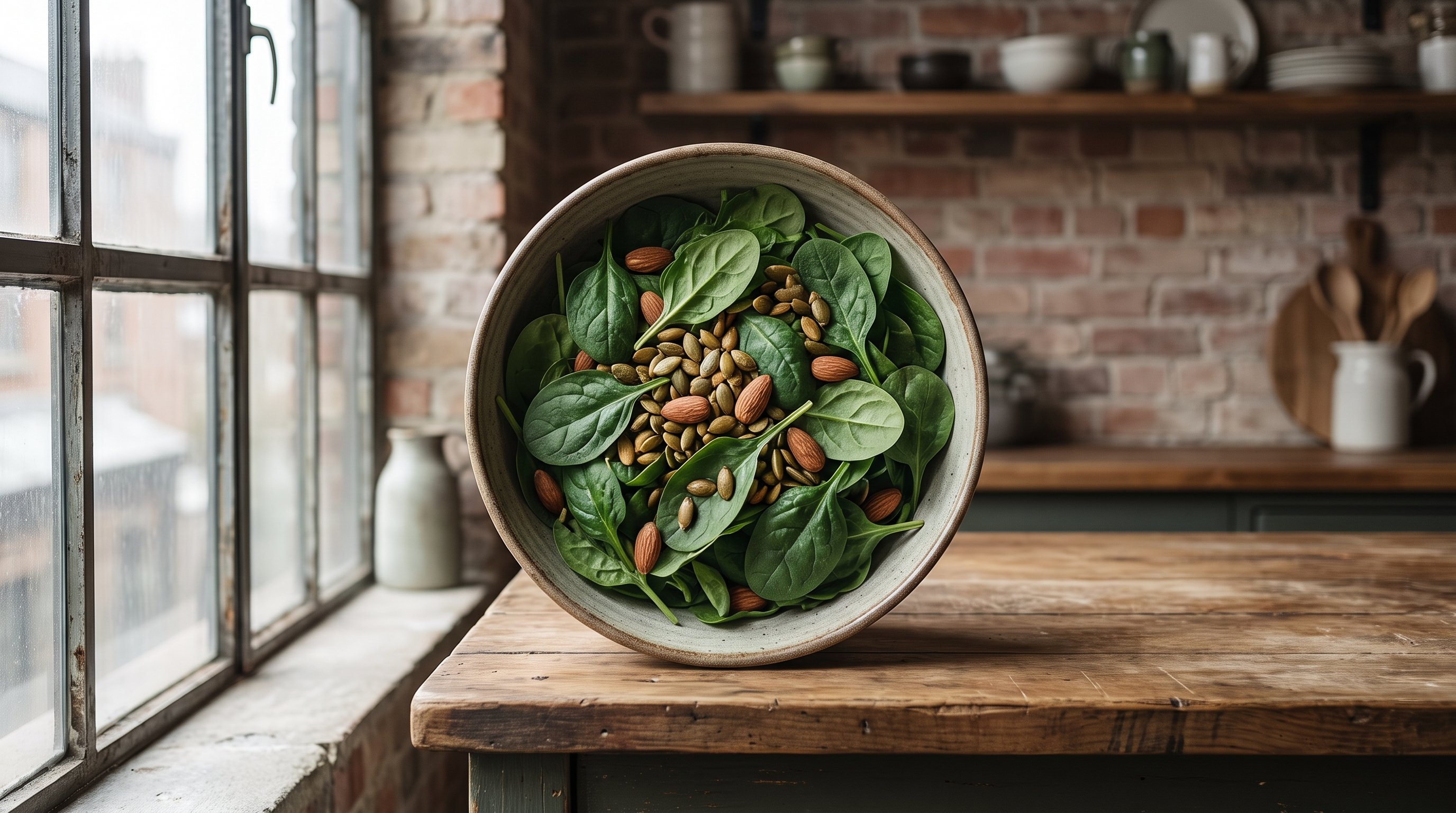 assorted nuts seeds and leafy greens on a wooden table assorted nuts seeds and leafy greens on a wooden table