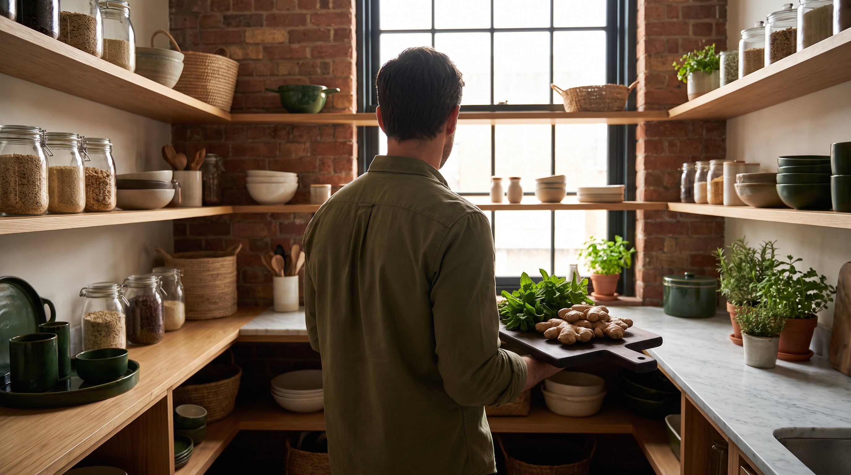 person chopping ginger root and mint leaves on a wooden board