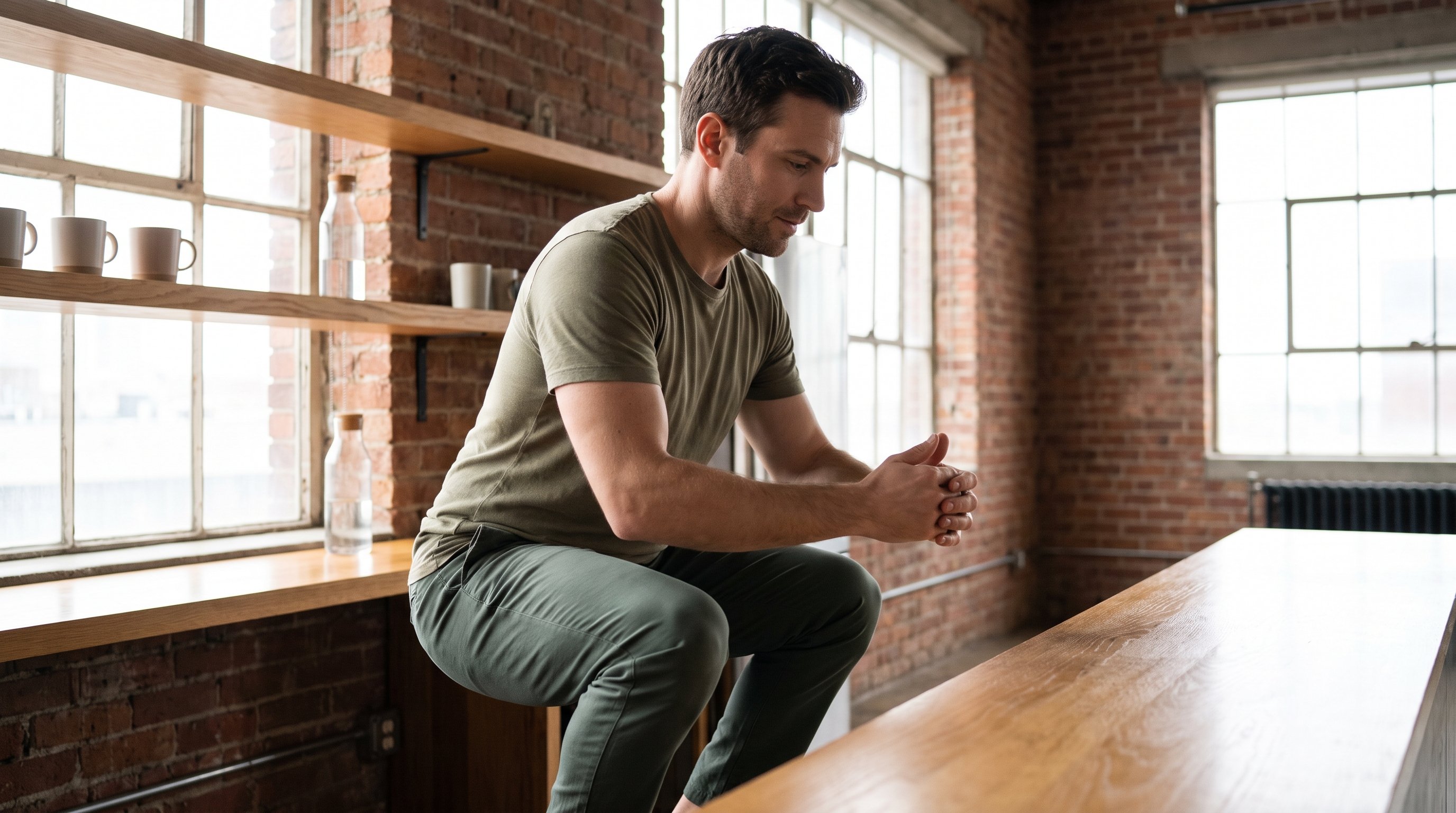 man doing slow bodyweight squats beside a kitchen counter