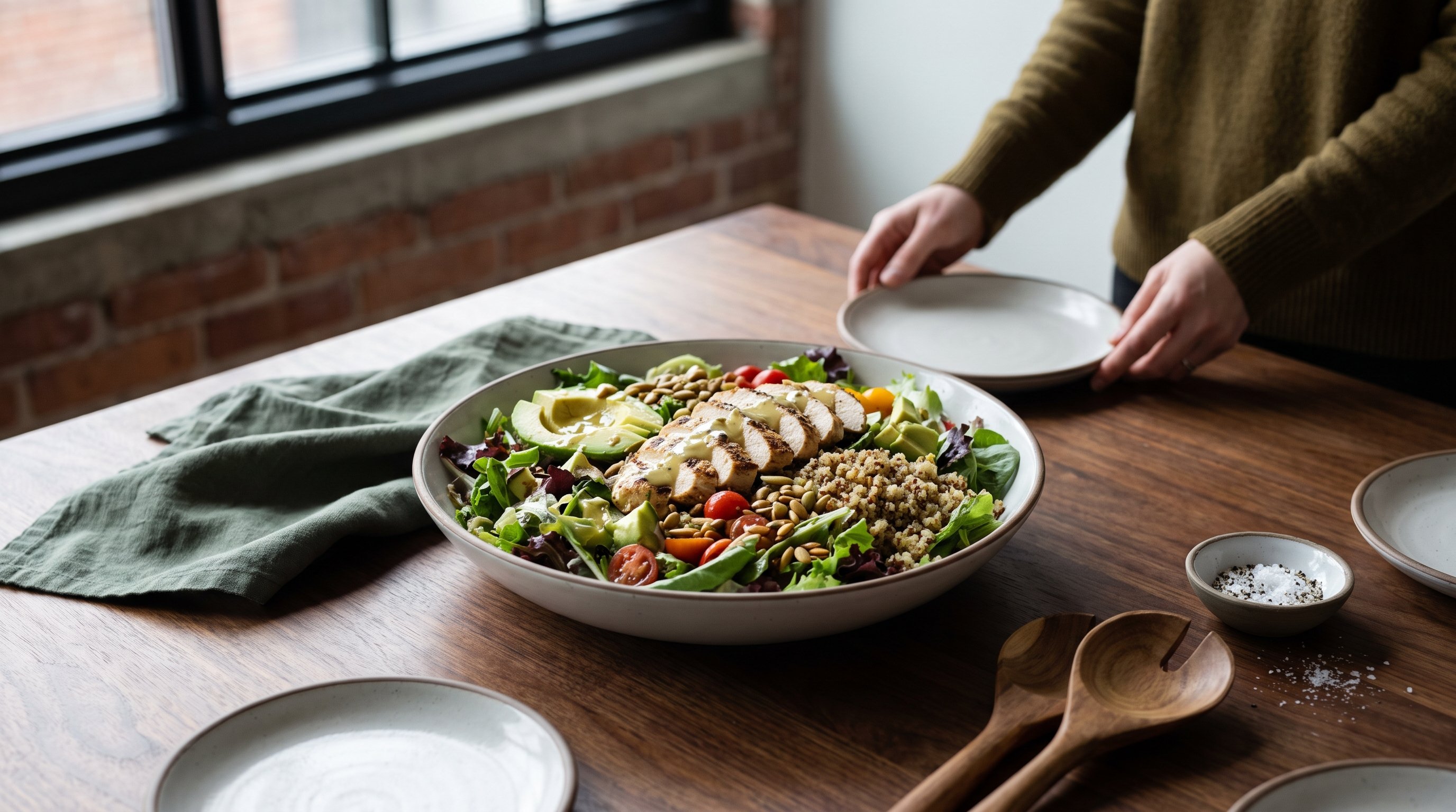 A lean protein salad served on a loft dining table