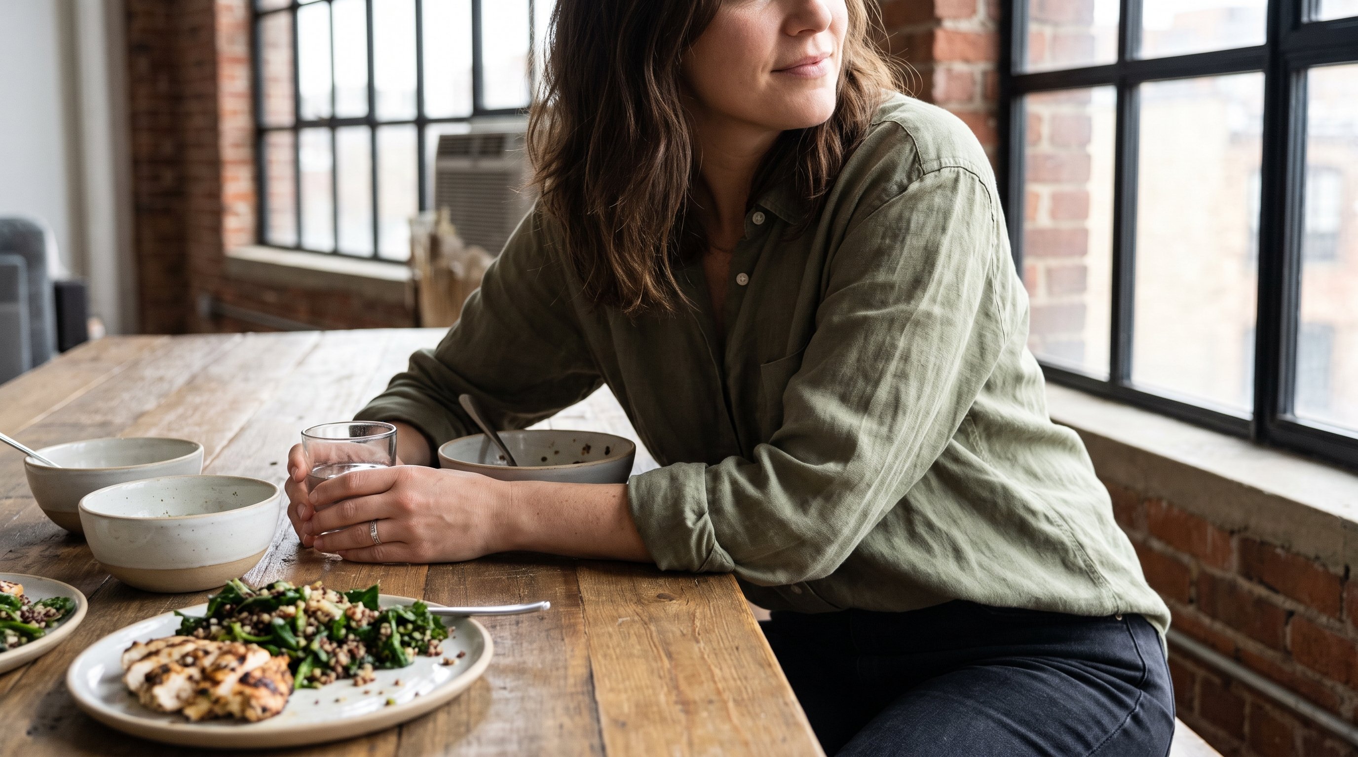 A woman in her 30s in olive clothing relaxing with a glass of water after a meal at a loft dining table