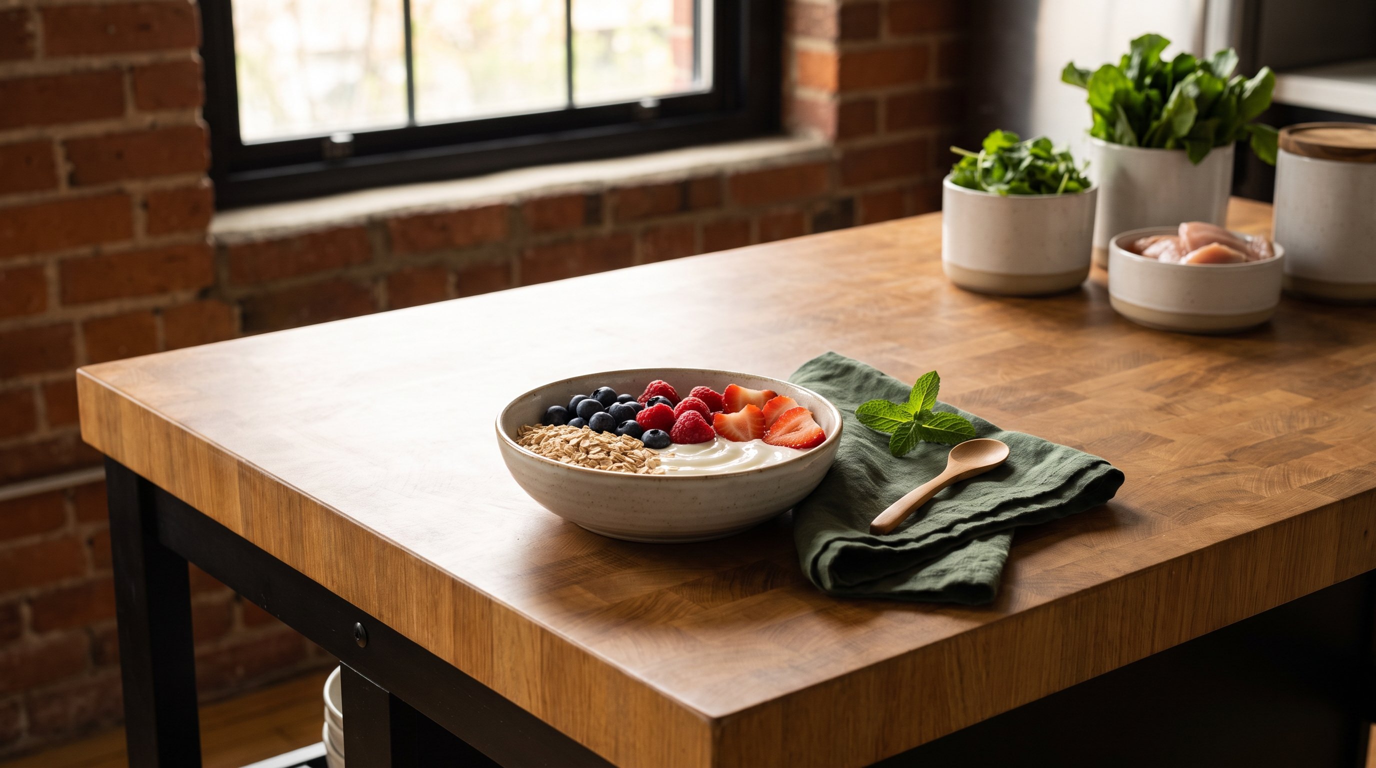 bowl of yoghurt topped with berries and oats on a kitchen counter