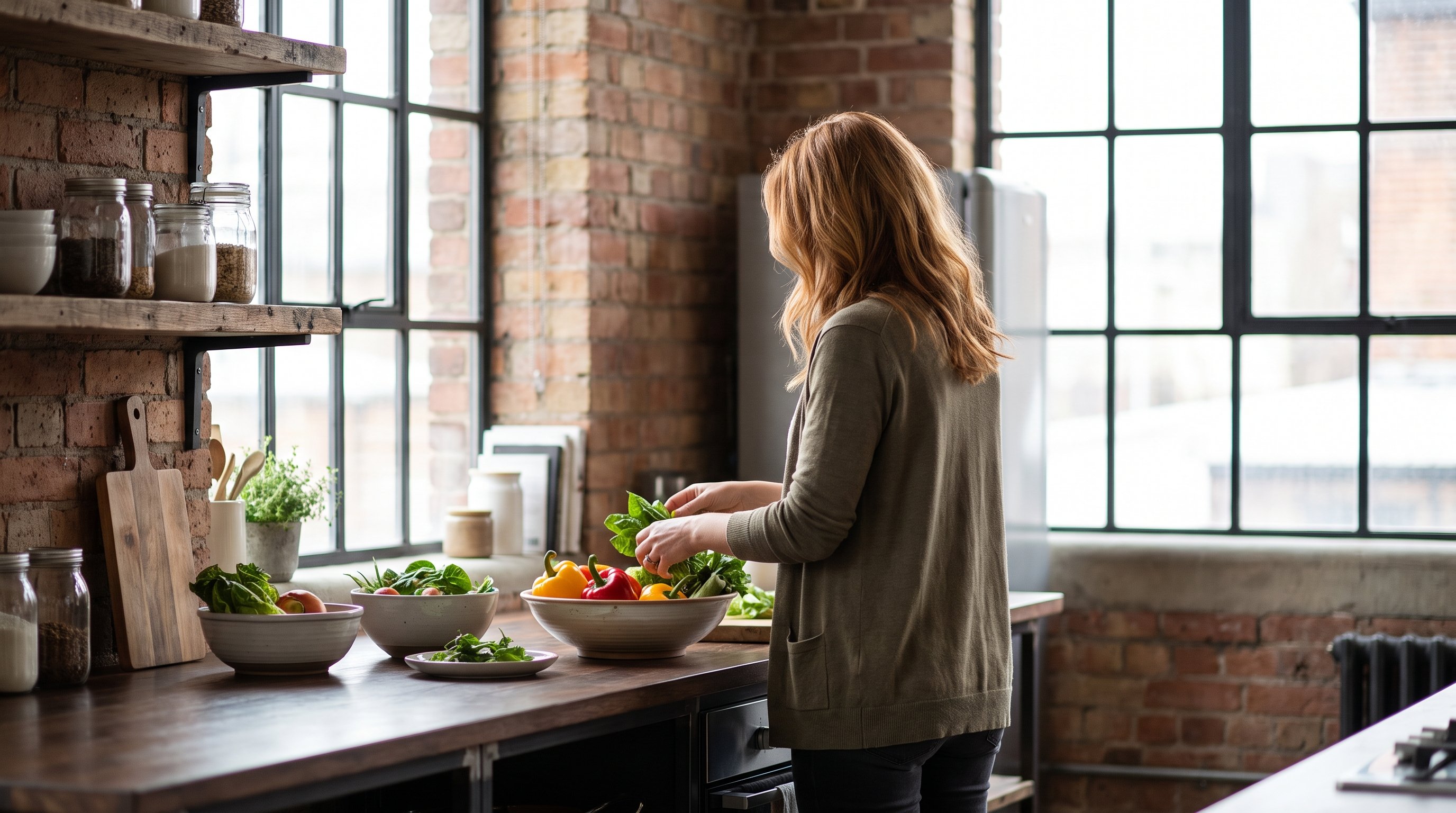 person chopping colourful vegetables including peppers and leafy greens on a wooden board