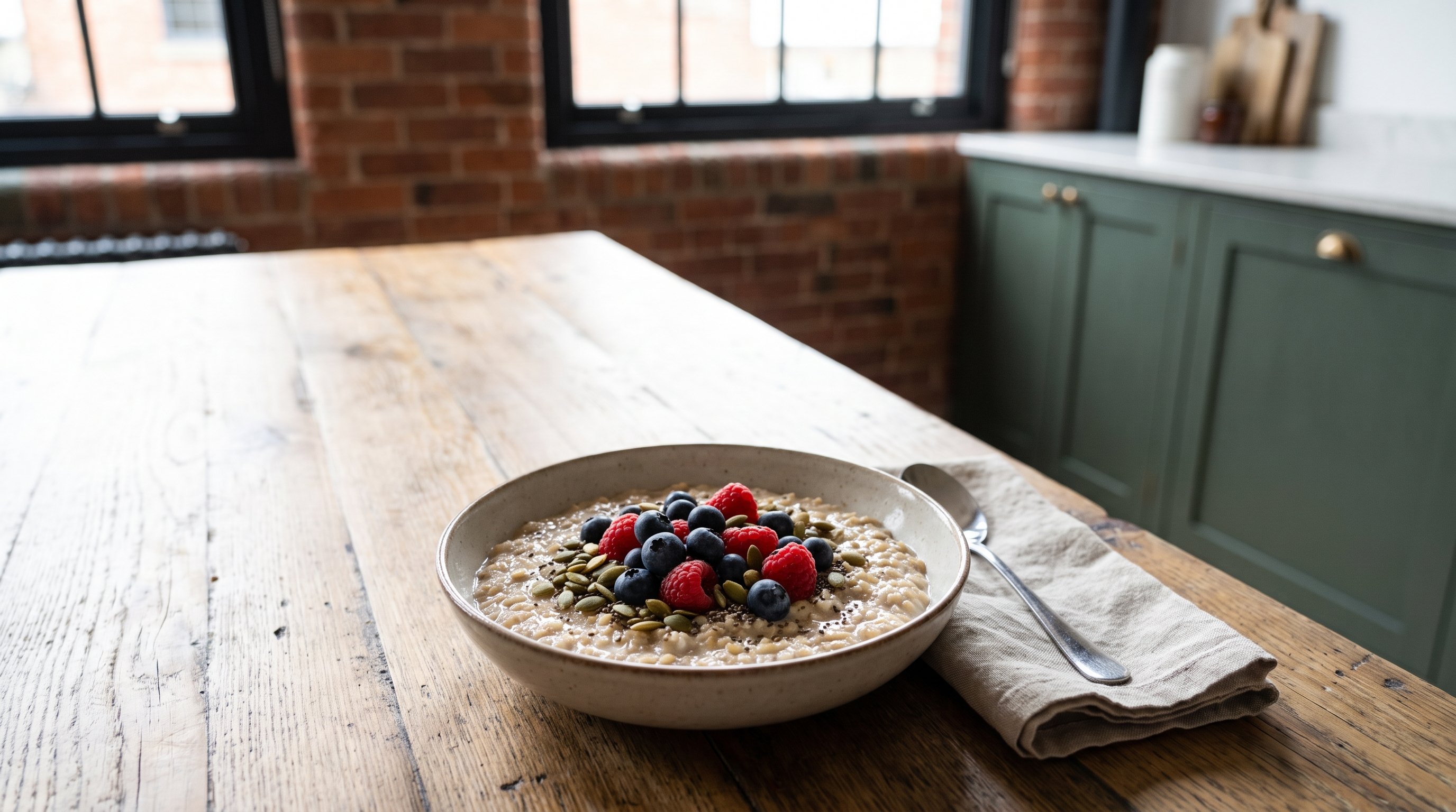bowl of oats topped with berries and seeds on a kitchen table