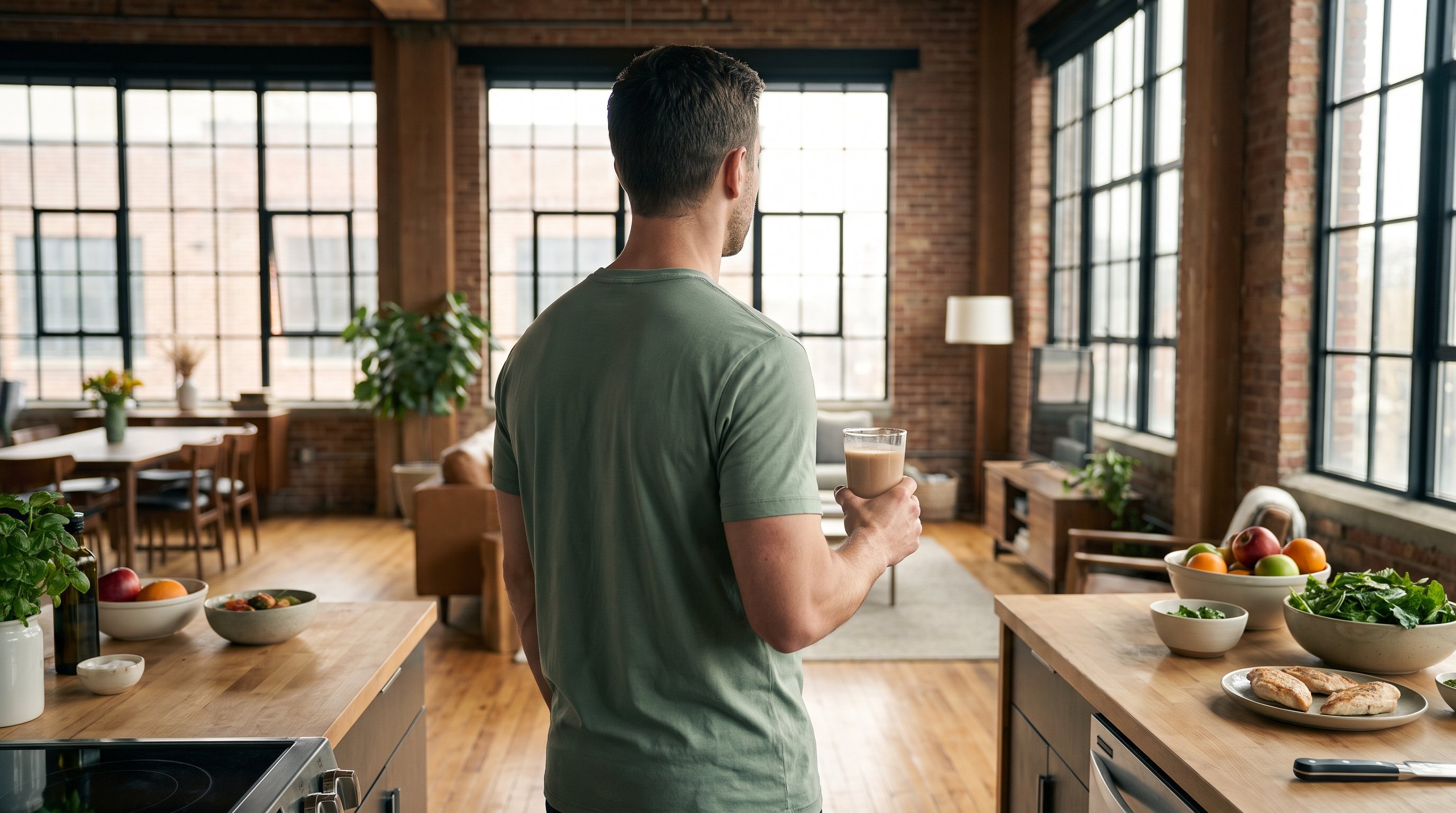 person pouring protein shake into glass in kitchen