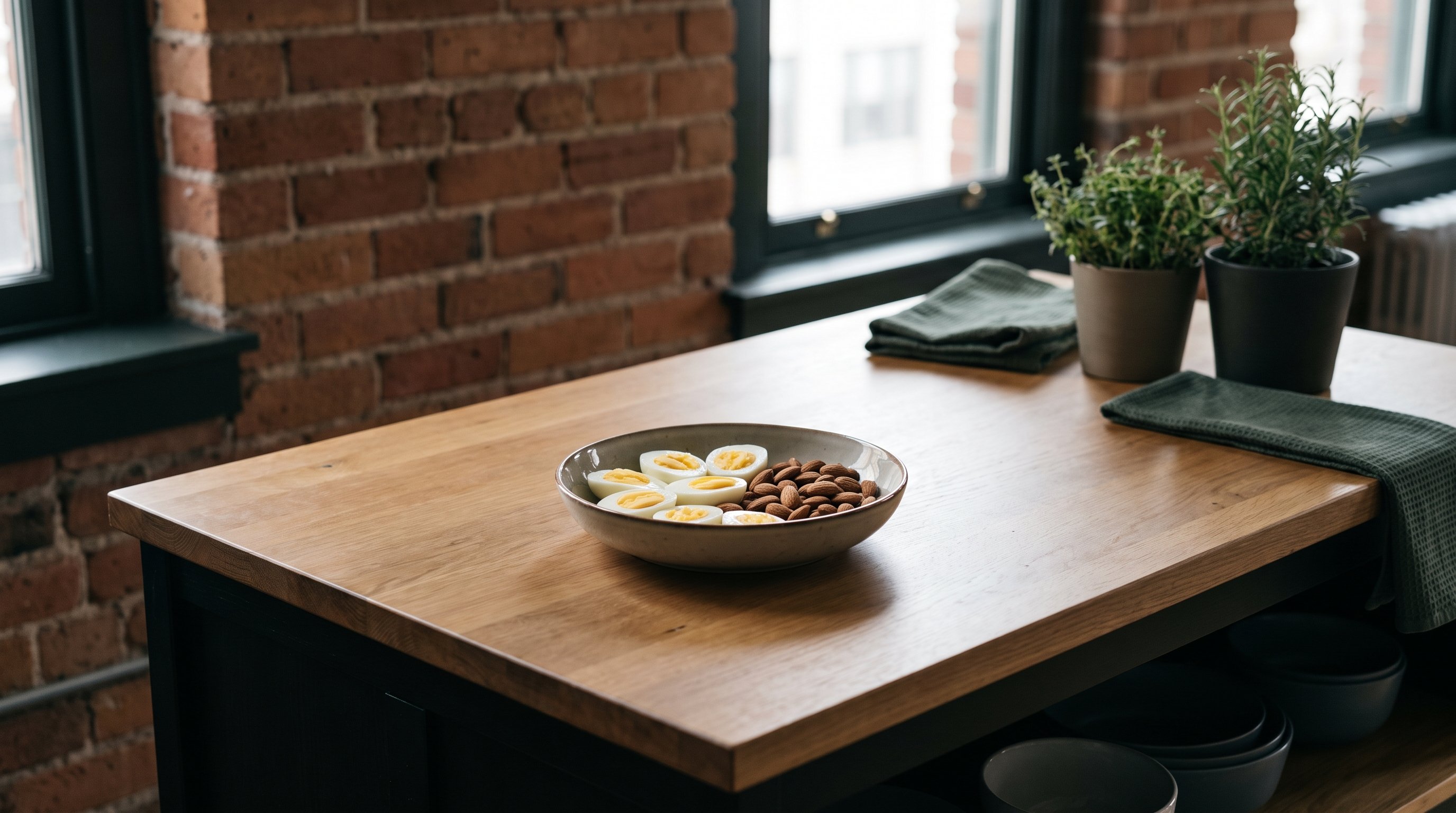 bowl of boiled eggs and almonds on a kitchen counter bowl of boiled eggs and almonds on a kitchen counter