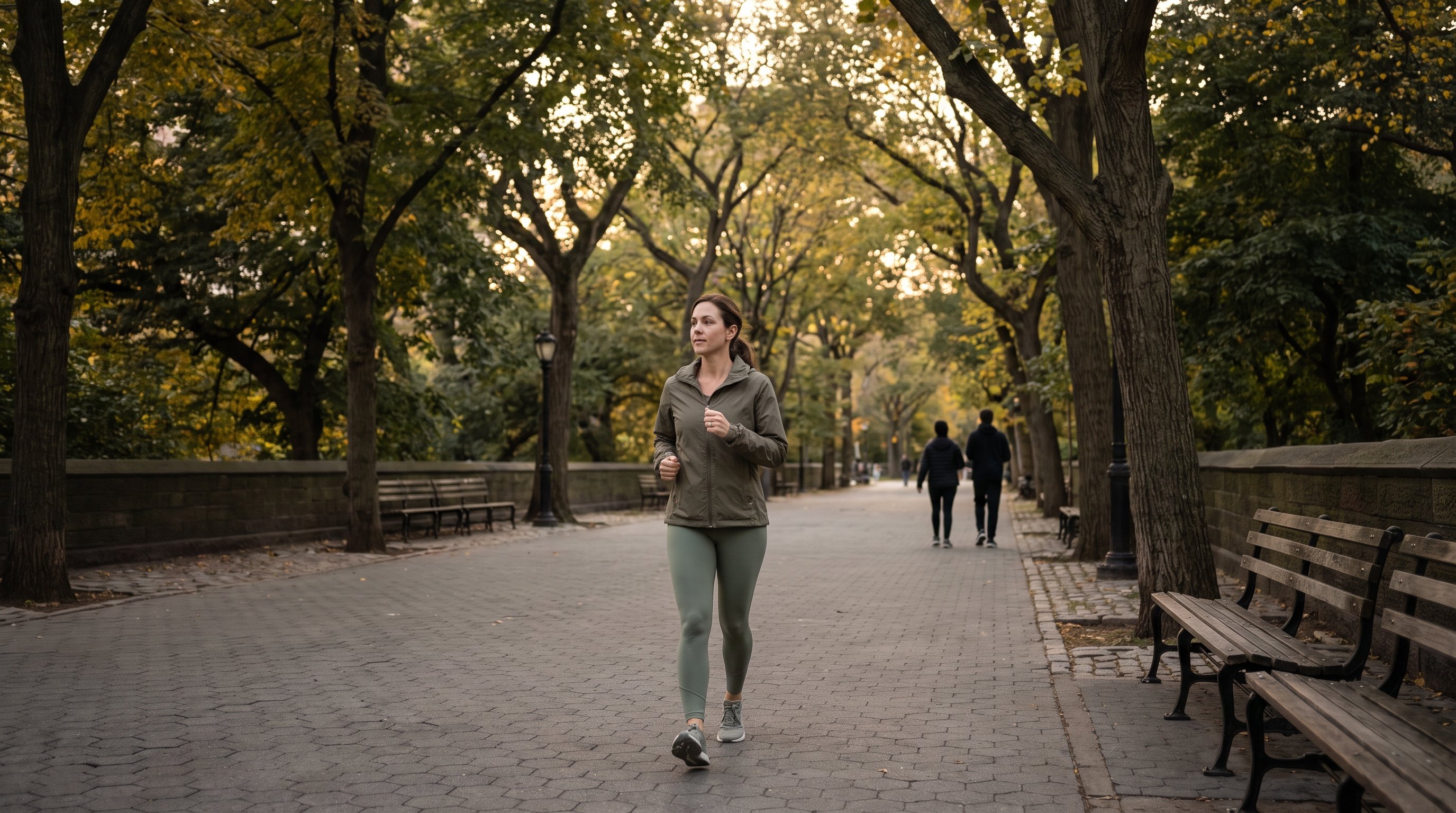 person checking step count on phone while walking outdoors