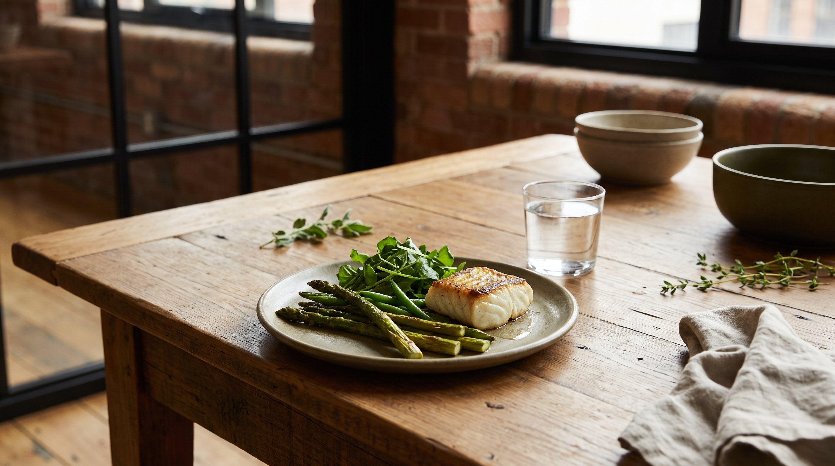 A small balanced plate of fish and vegetables on a loft dining table beside a glass of water