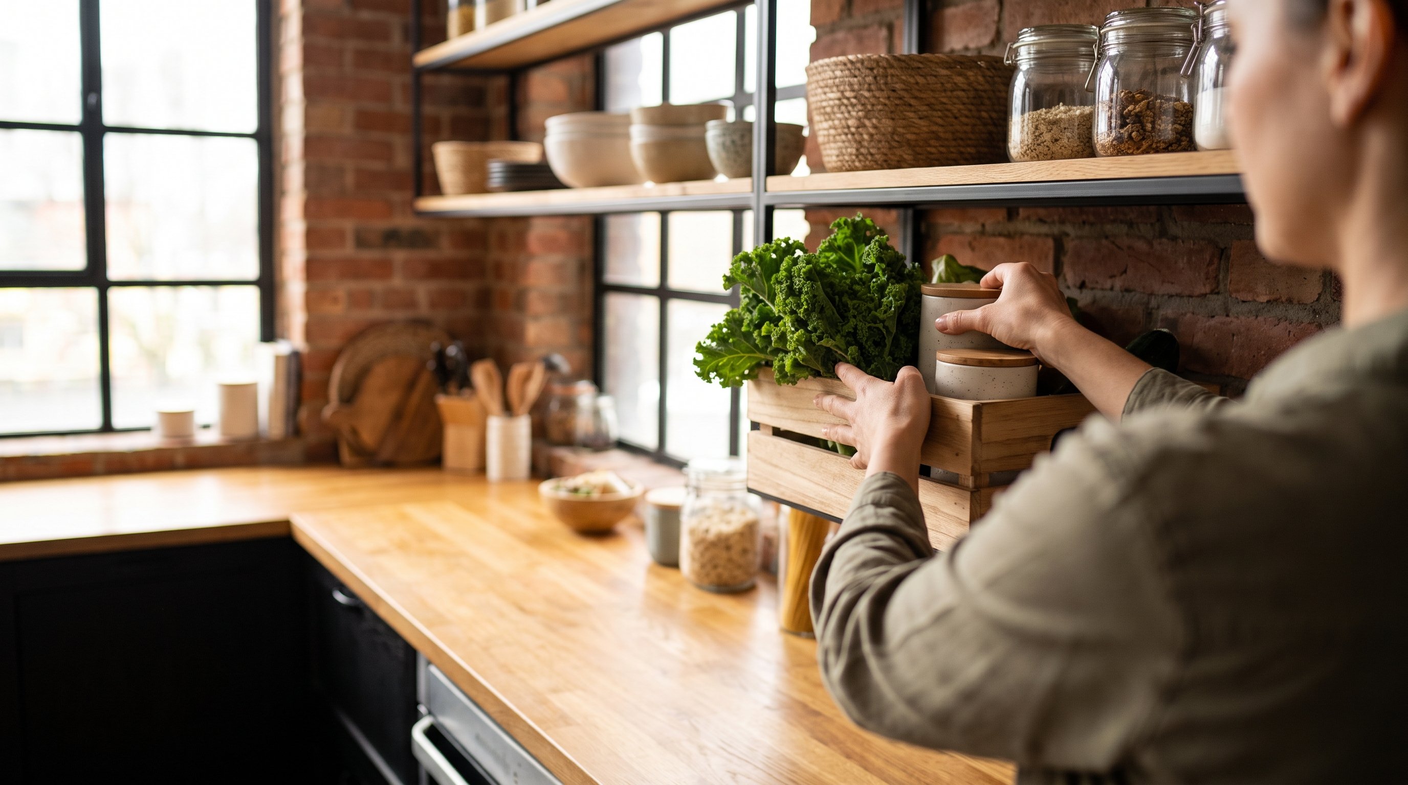 A woman in her 30s in olive clothing putting groceries away in an urban-loft kitchen