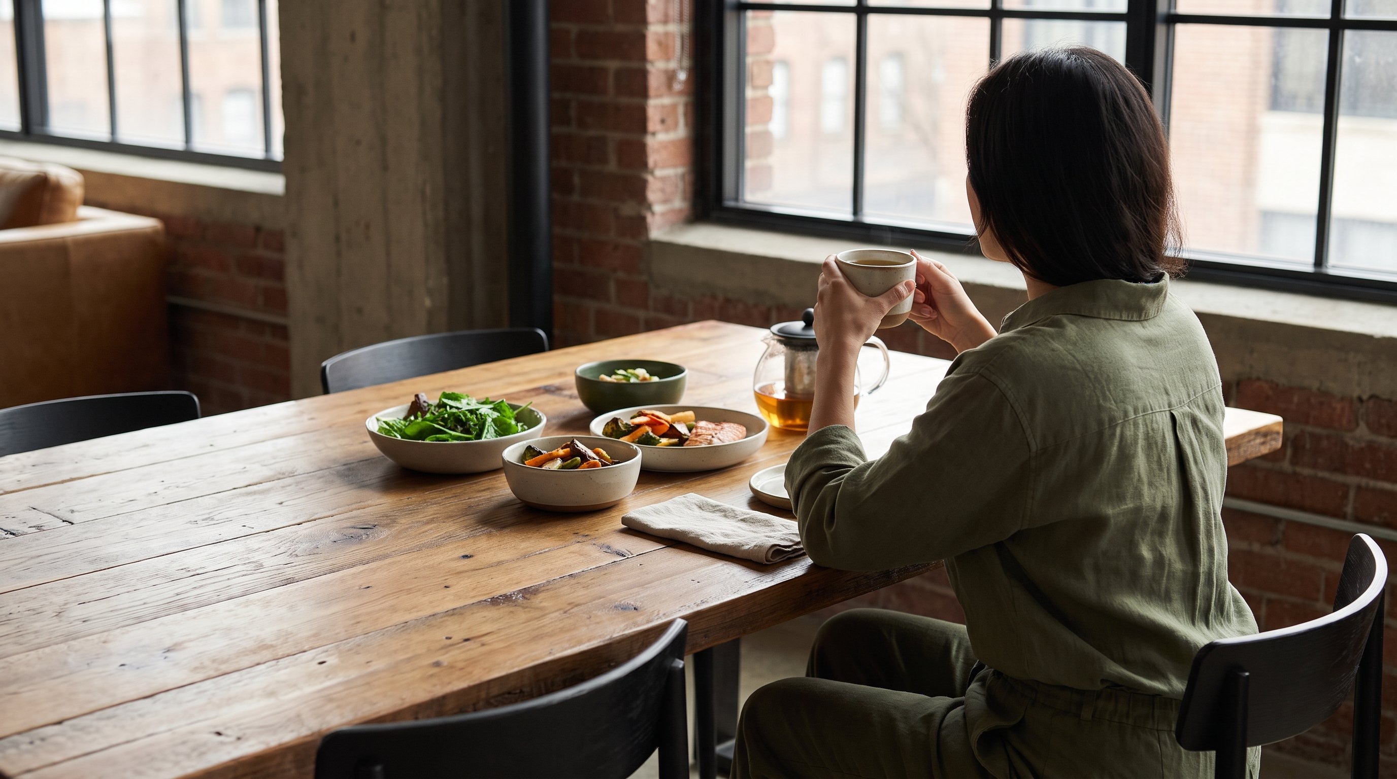 A woman in her 30s in olive clothing sitting calmly at a loft dining table with a cup of tea