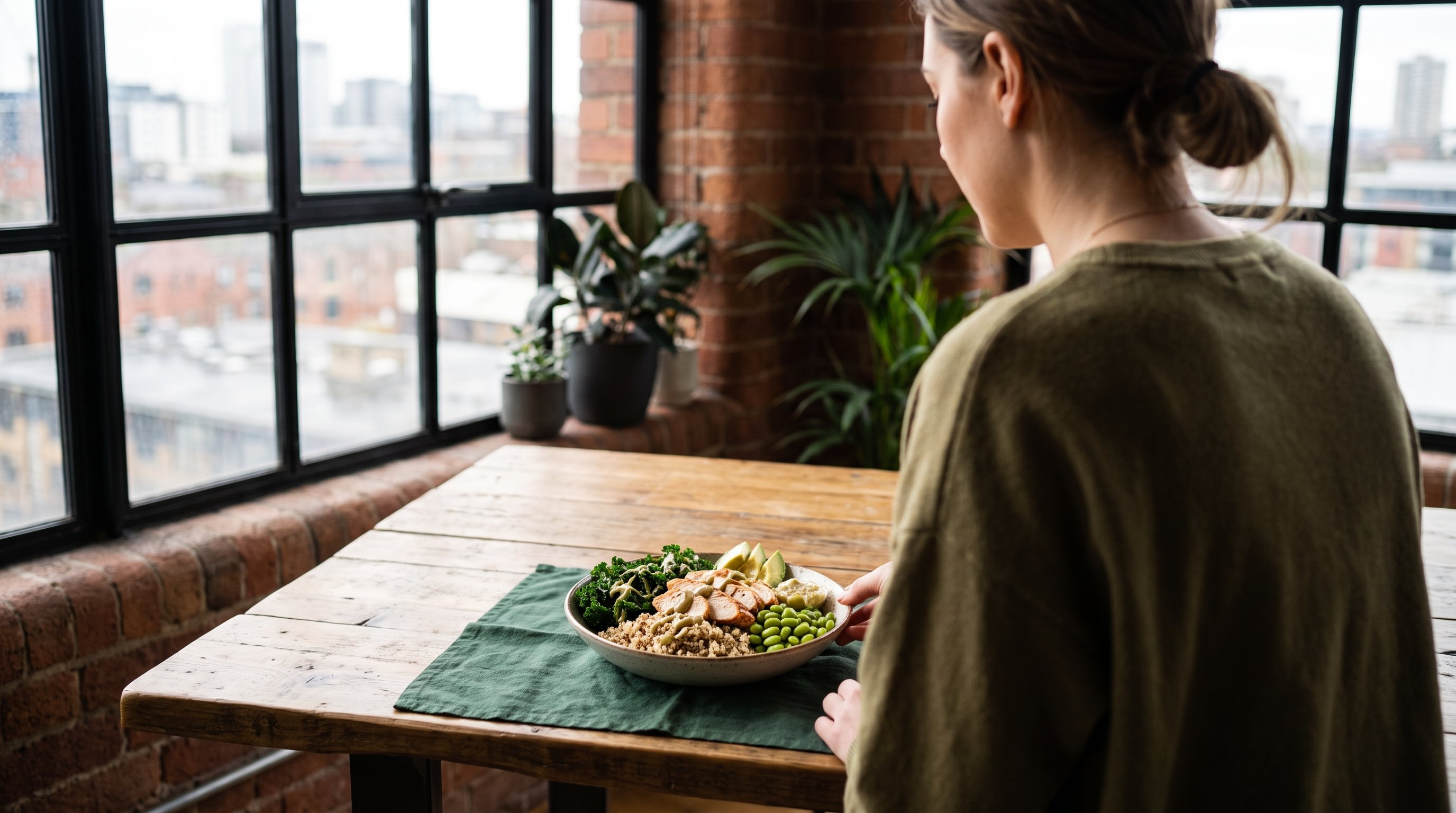 A fresh grain bowl with greens and chicken ready to eat on a loft dining table