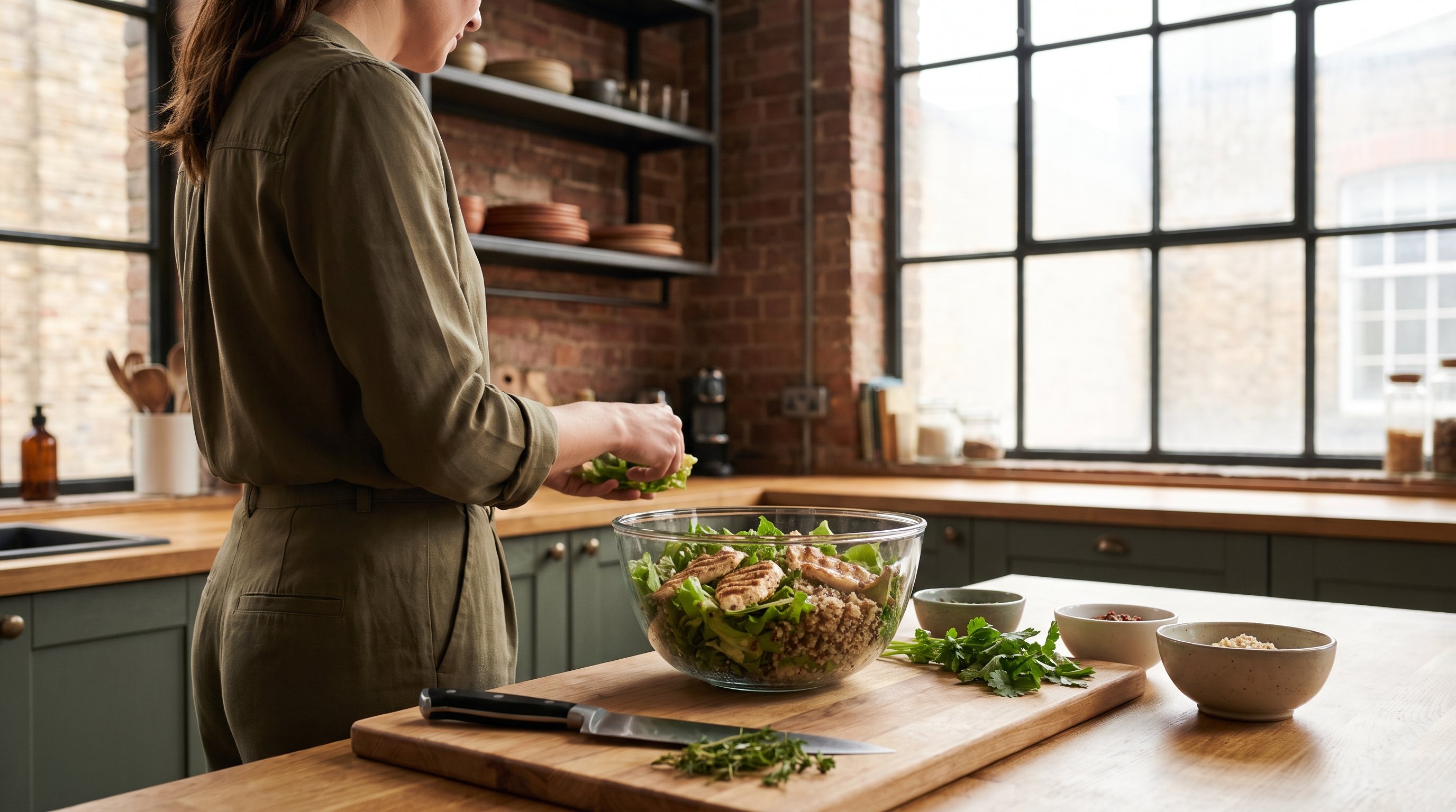 A woman in her 30s in olive clothing preparing a lean protein salad in an urban-loft kitchen