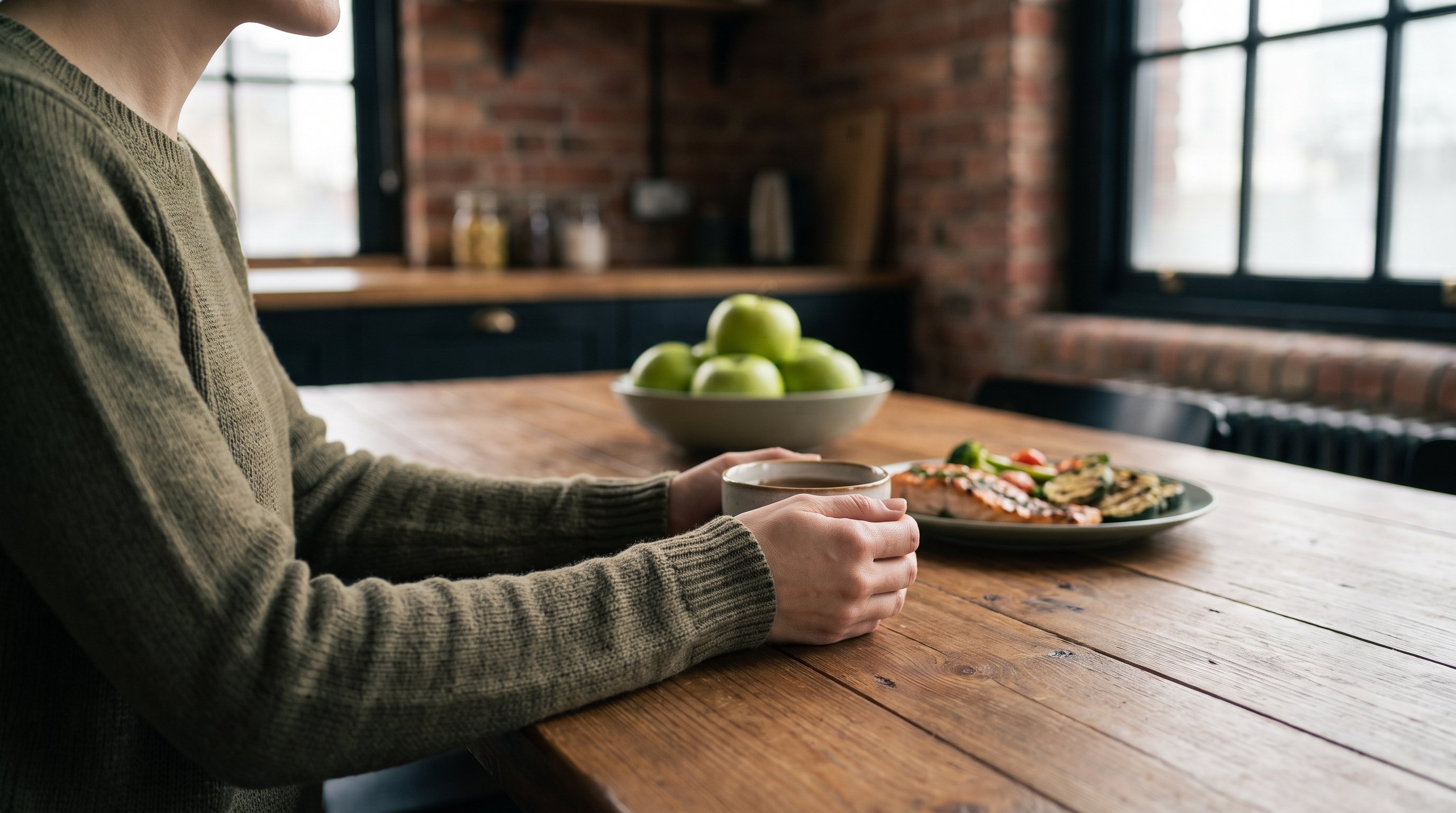 A woman in her 30s in olive clothing sitting at a loft dining table with a cup of tea