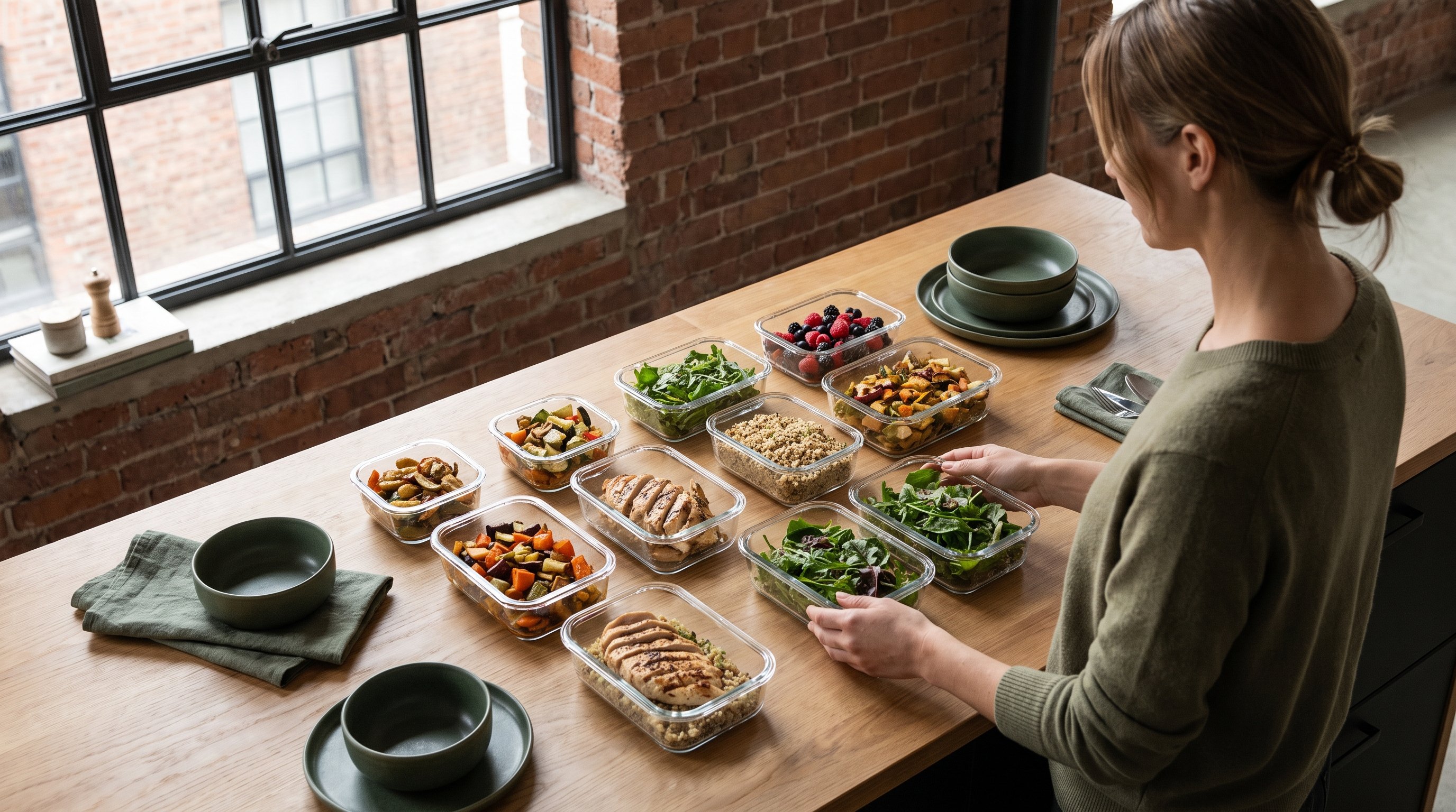 chopped vegetables and cooked chicken in separate containers on a worktop