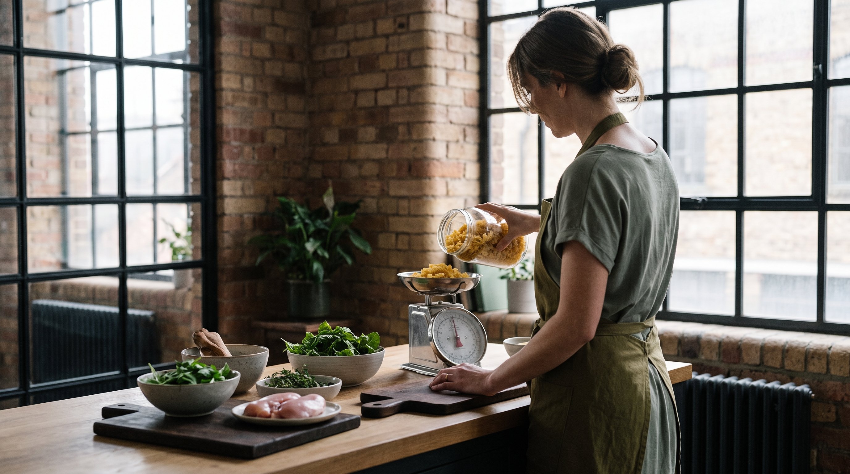 woman using a kitchen scale to weigh pasta before cooking dinner