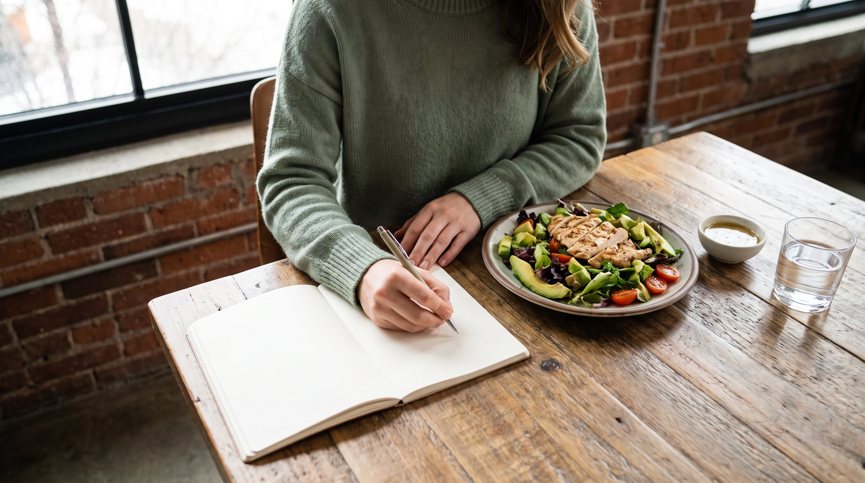 person writing food amounts in a notebook next to a plate of lunch