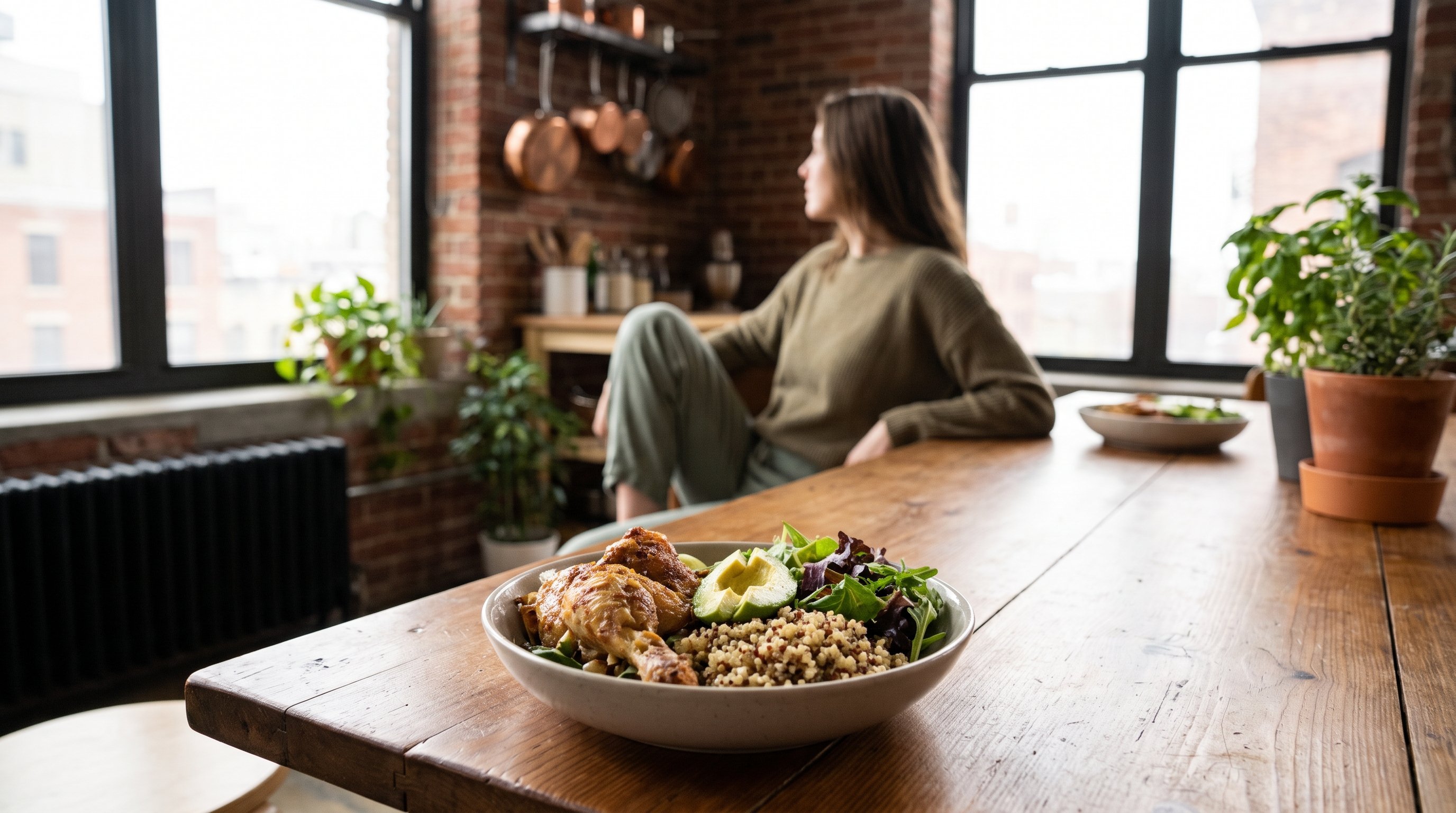 A fresh grain bowl with greens and chicken on a loft dining table