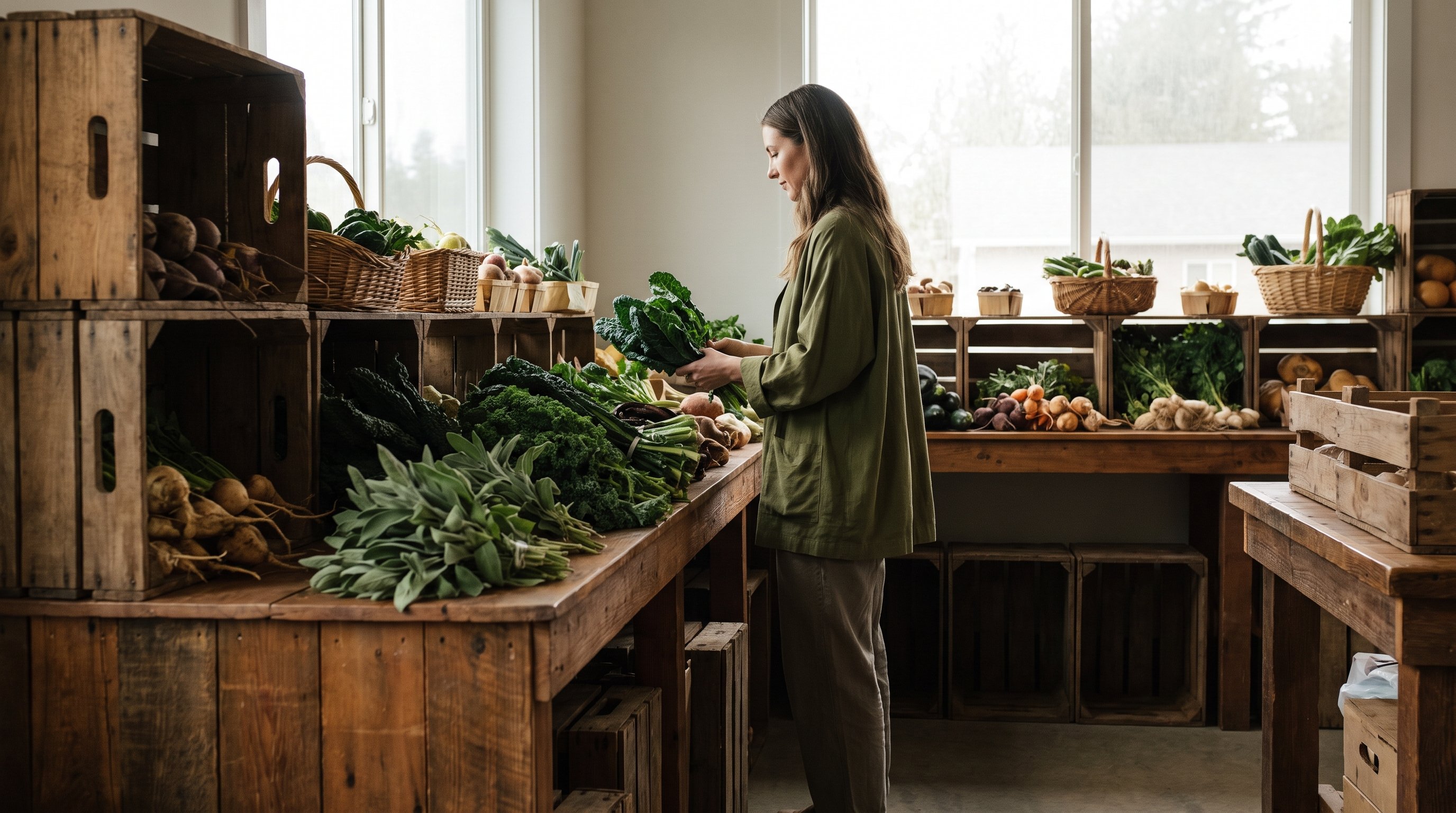 A woman in her 30s in olive clothing shopping for fresh produce at a market stall