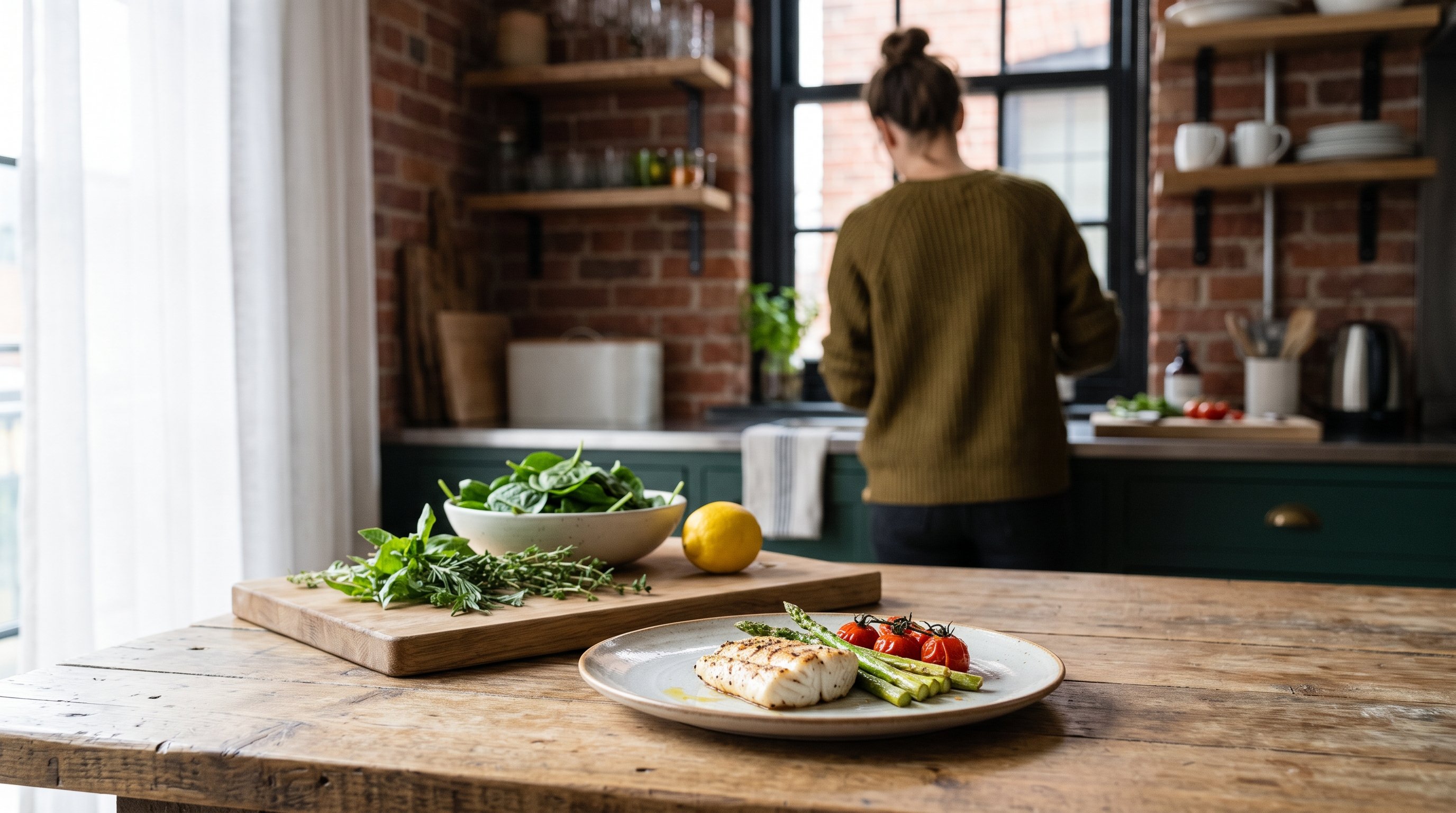 A small balanced plate of fish and vegetables beside fresh ingredients on a loft dining table