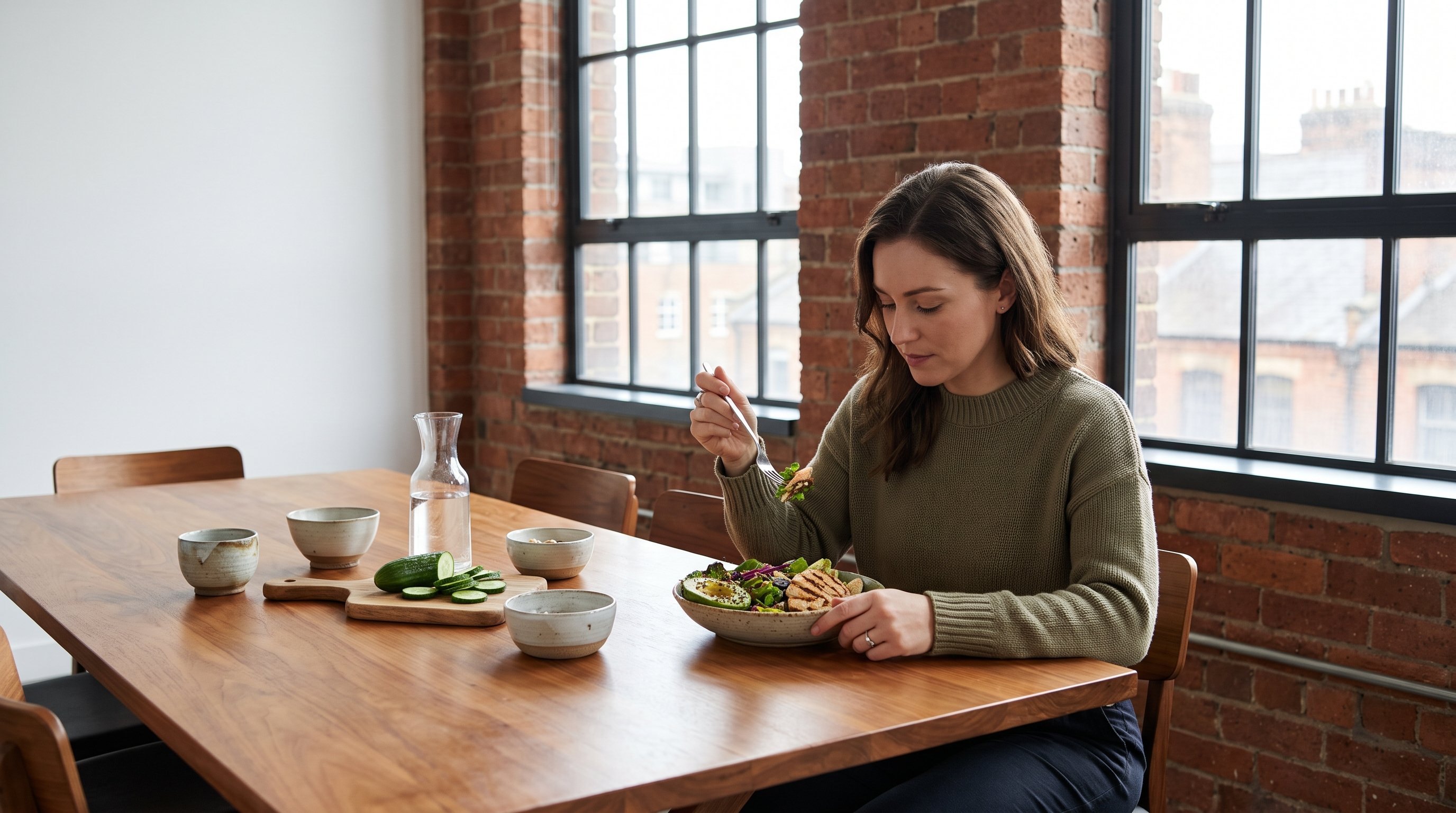 A woman in her 30s in olive clothing enjoying a lean protein salad at a loft dining table
