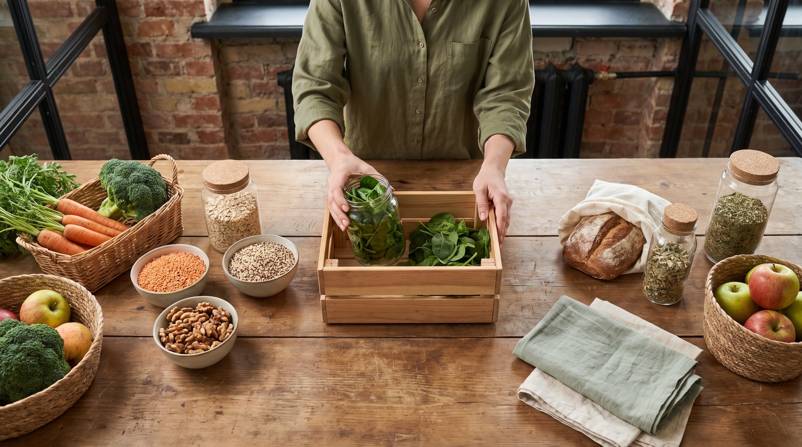 A woman in her 30s in olive clothing putting groceries away in an urban-loft kitchen