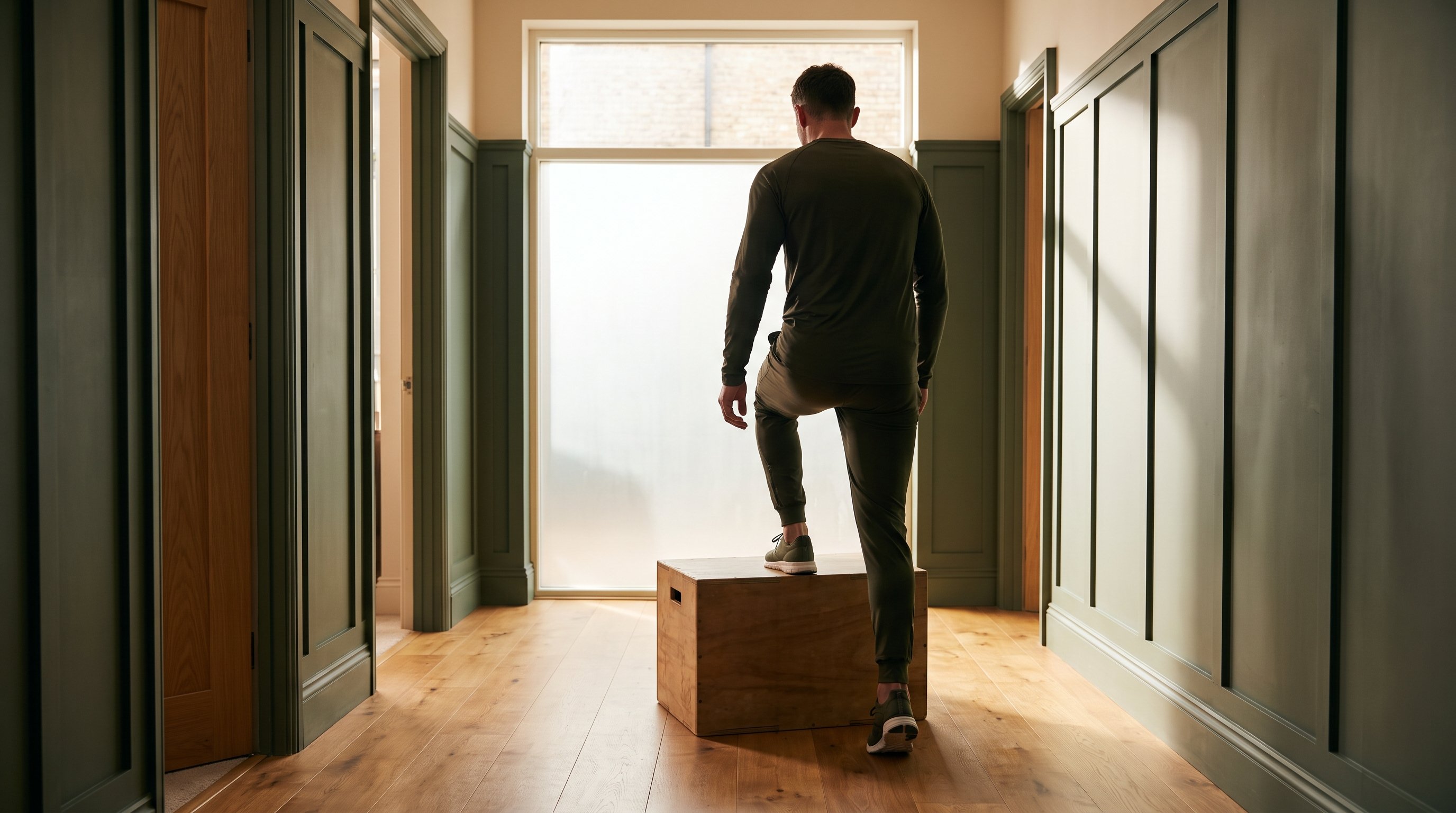 person doing step-ups onto a sturdy box in a hallway