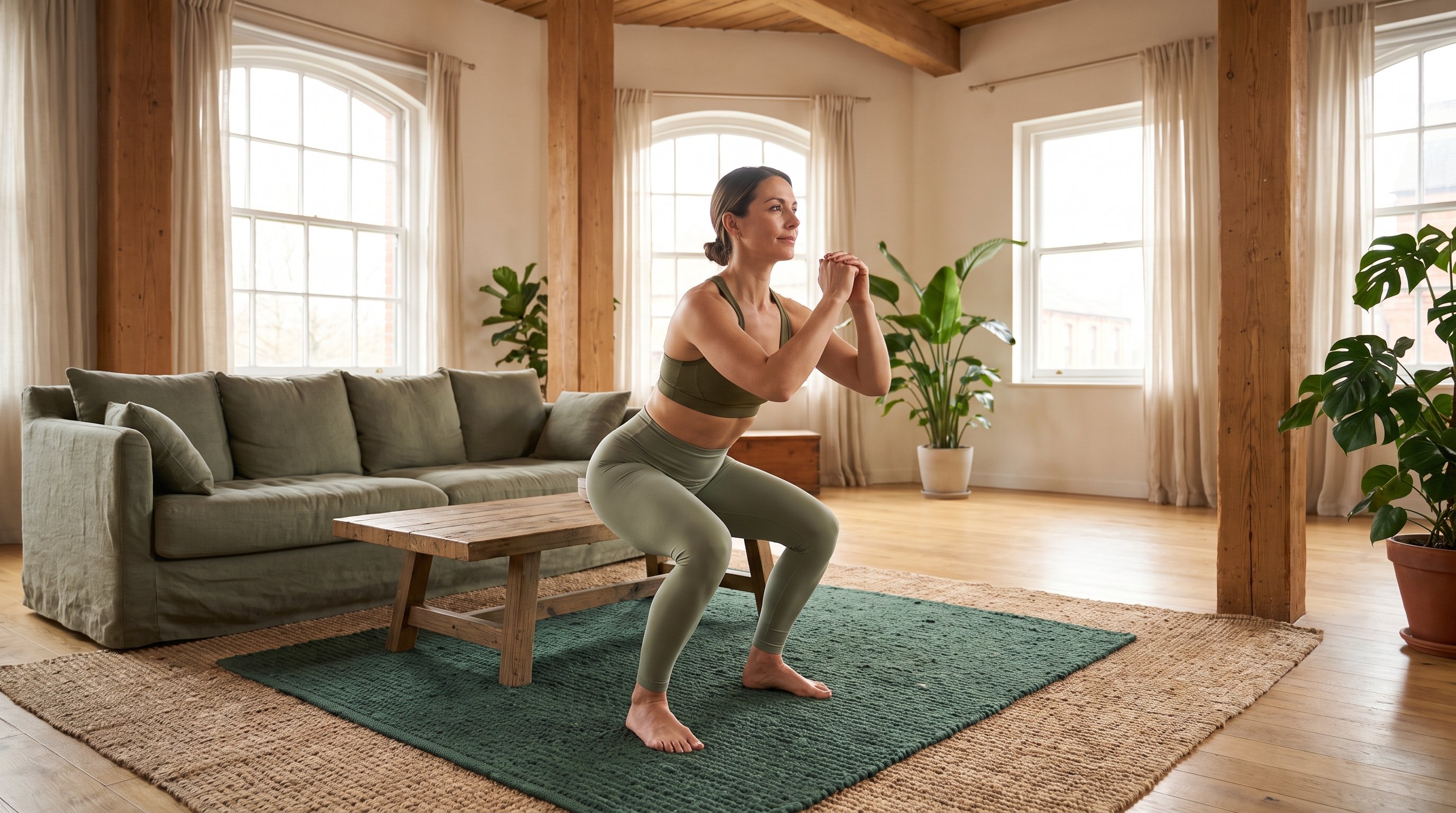 woman doing bodyweight squats on a living room rug
