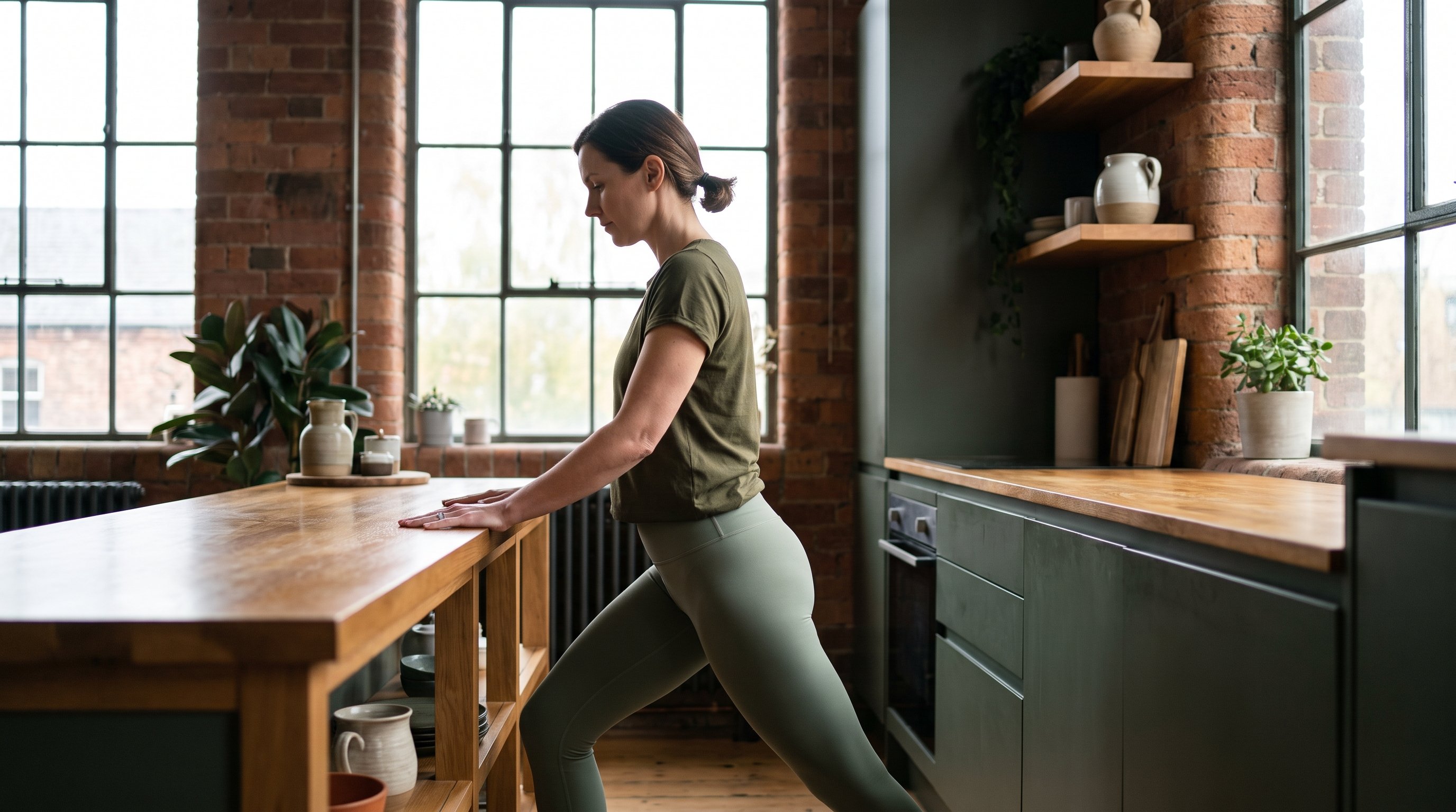 older adult holding a kitchen counter while doing a supported lunge