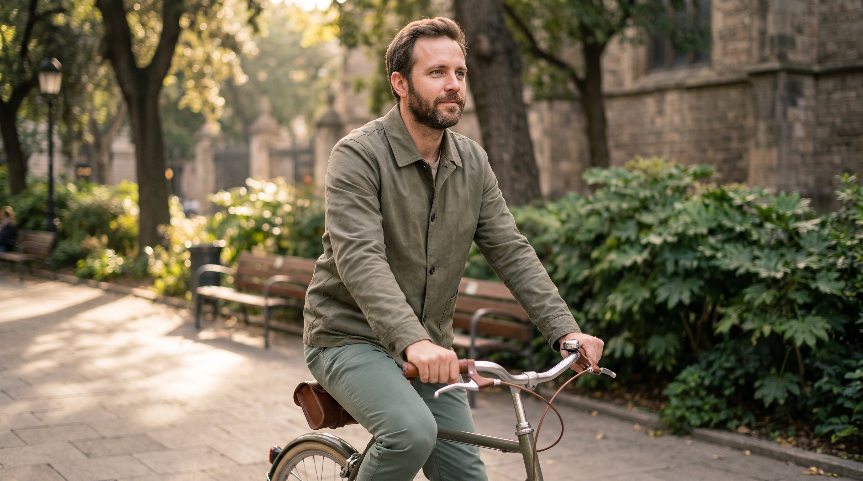 man cycling on a quiet residential street during a lunch break