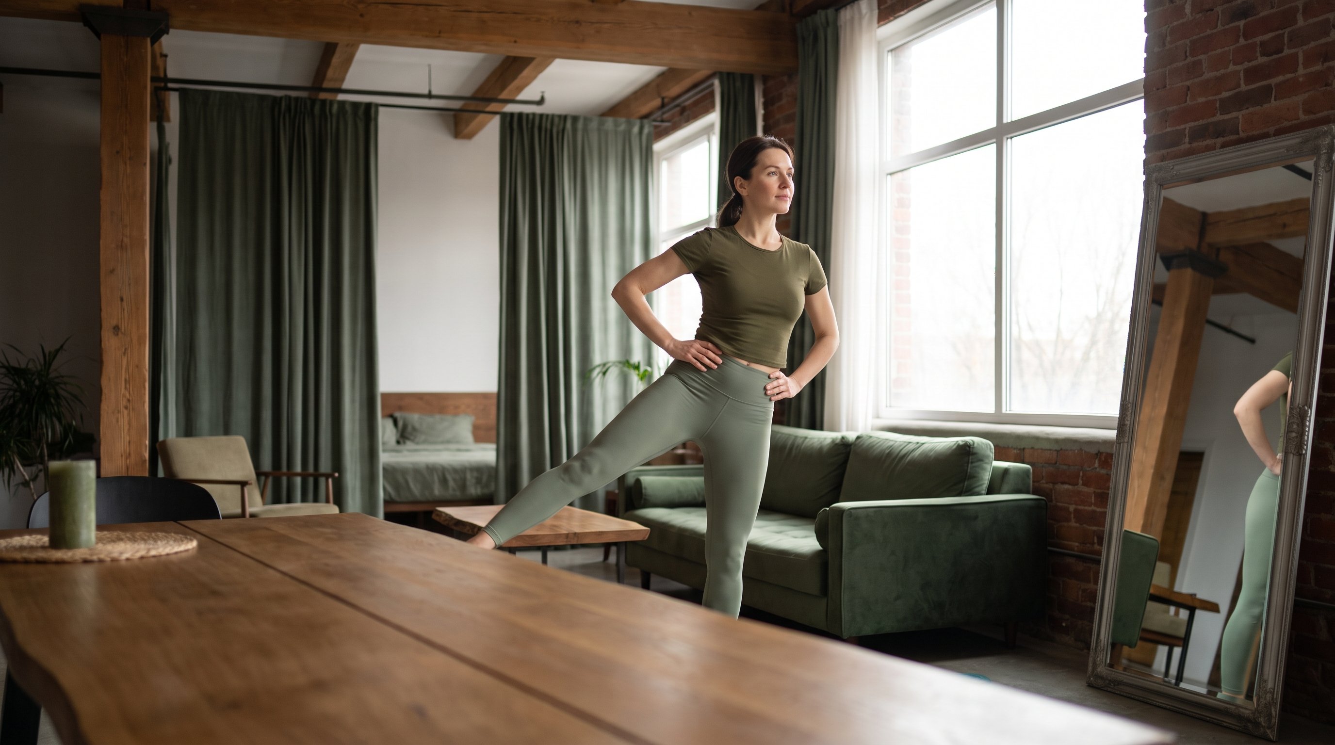 woman doing standing side leg lifts in a living room