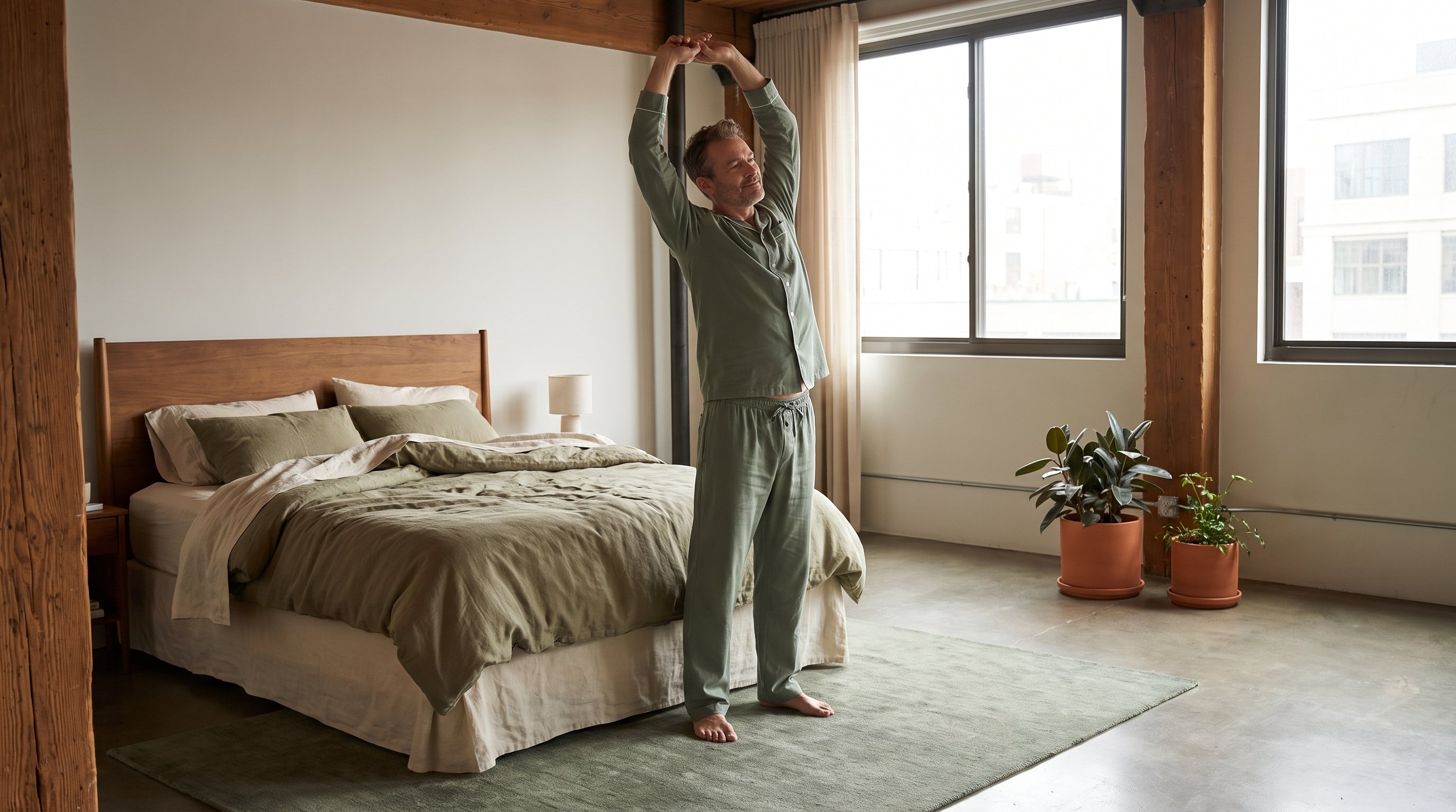 man reaching overhead stretch in bedroom near unmade bed