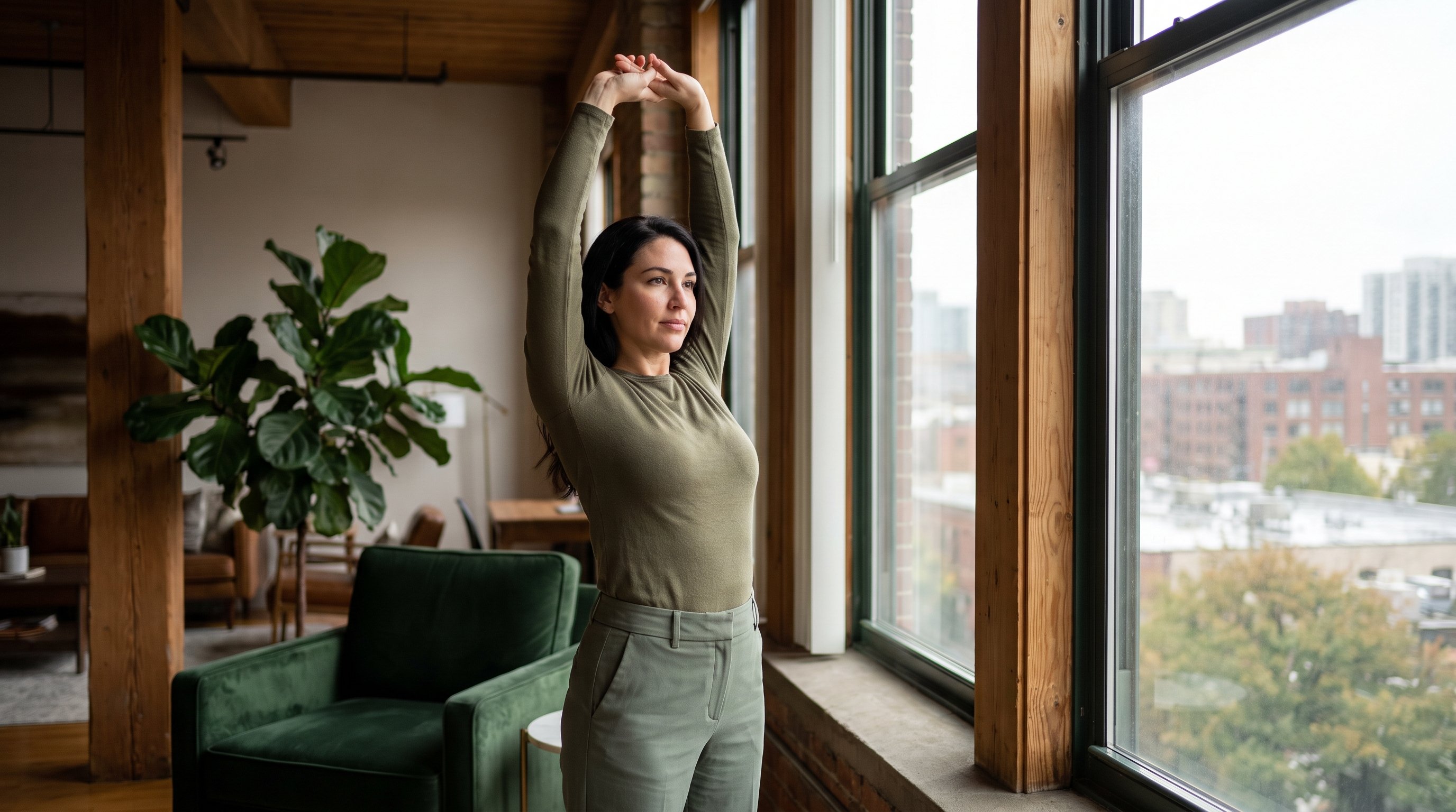 woman stretching arms overhead beside an open window