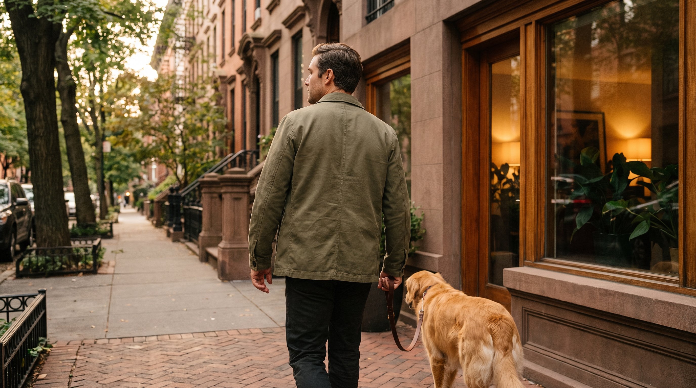 man walking a dog along a quiet residential street at dusk