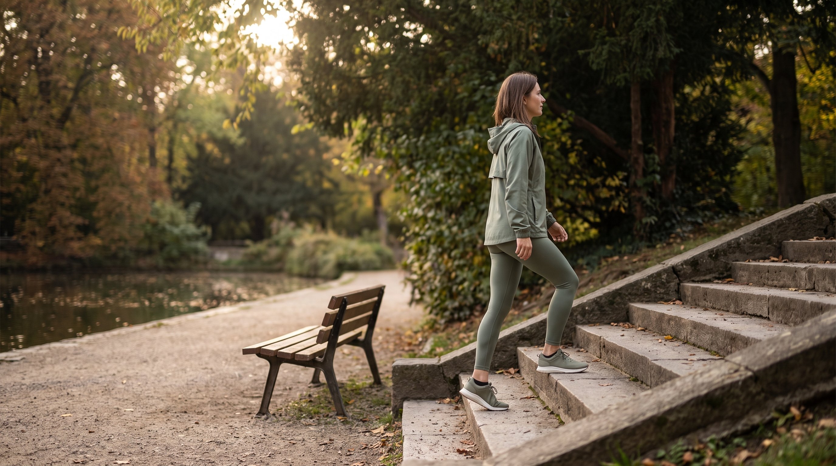 woman checking a fitness watch mid walk in a city park