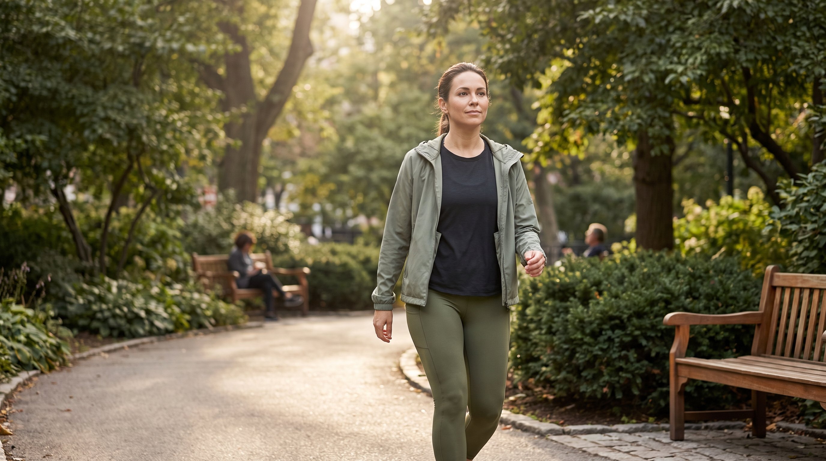 person walking briskly along a tree-lined path