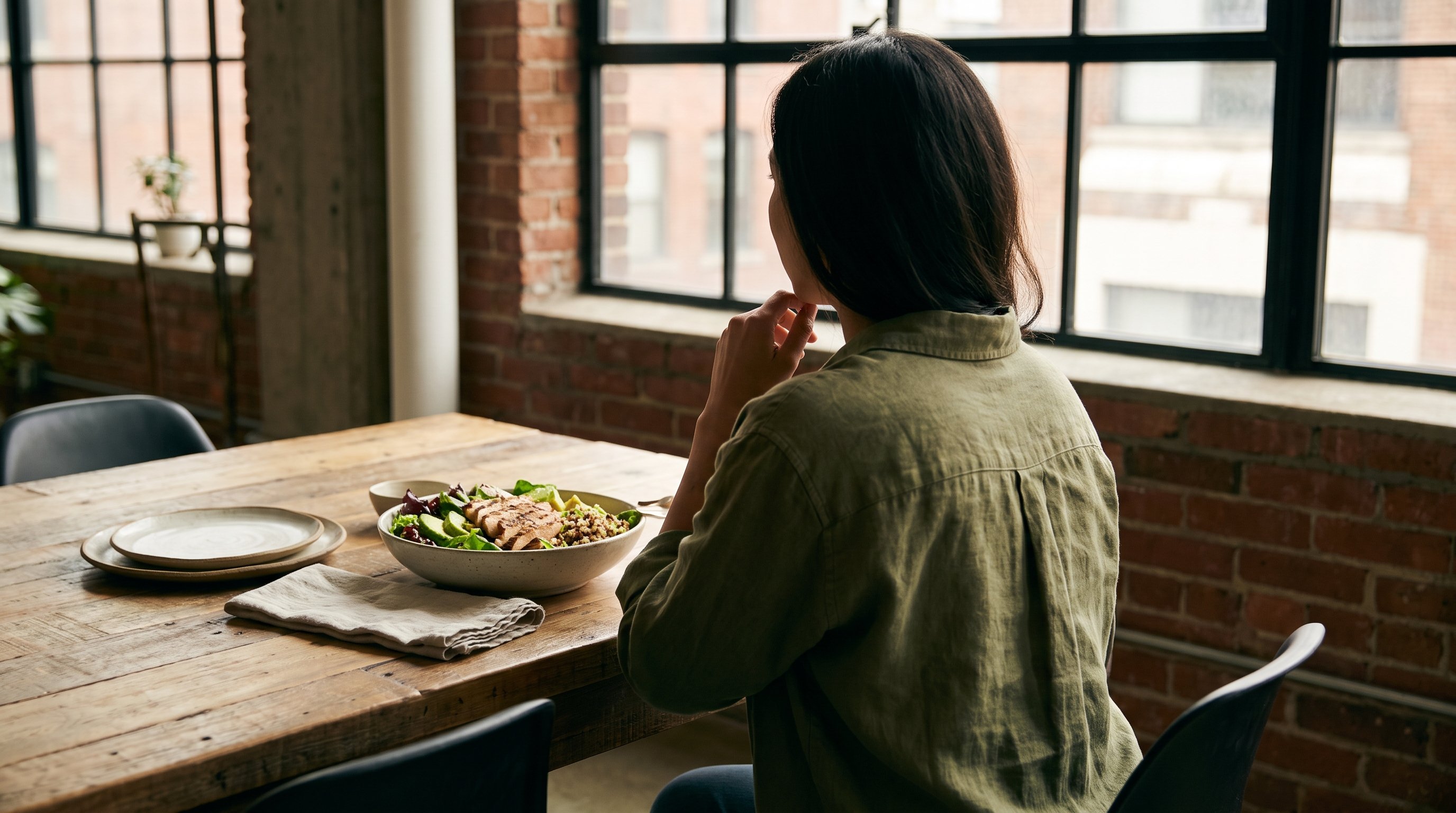 A lean protein salad on a loft dining table