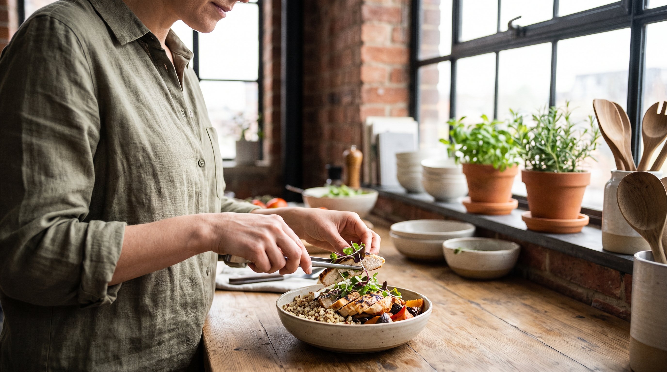 A woman in her 30s in olive clothing plating a fresh grain bowl with greens and chicken in an urban-loft kitchen