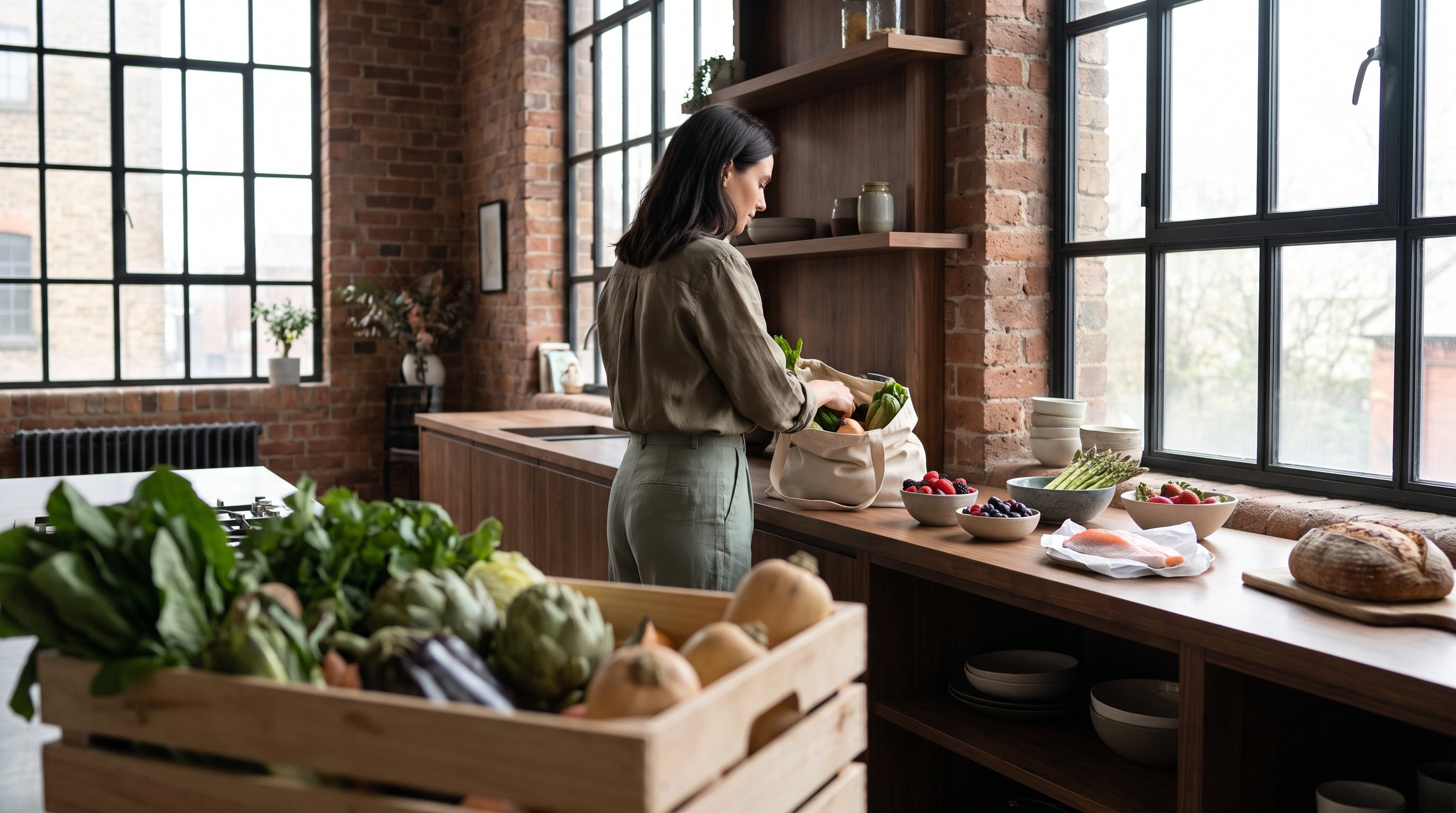 A woman in her 30s in olive clothing unpacking fresh groceries in an urban-loft kitchen