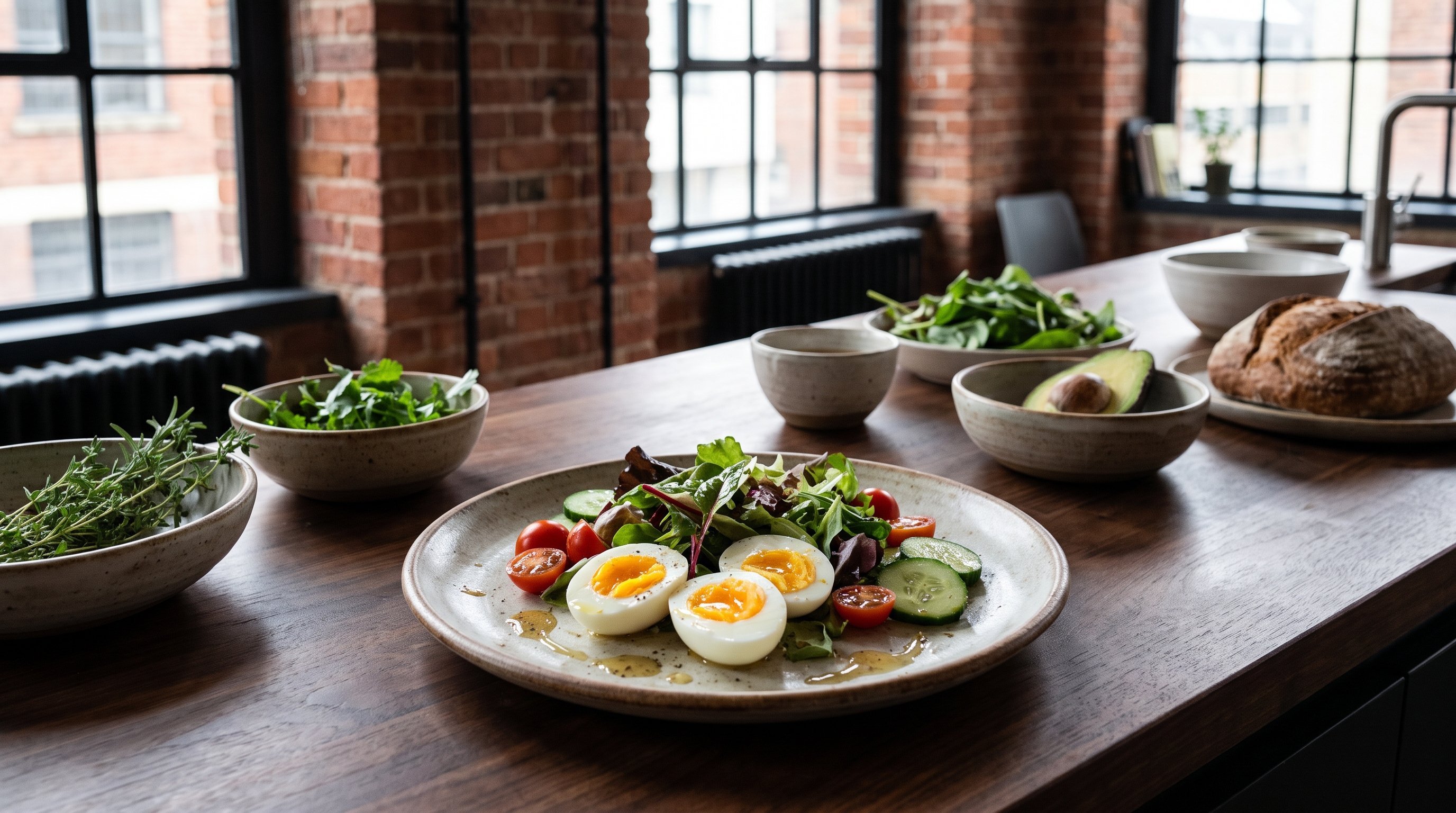 small plate of eggs and vegetables on a kitchen table