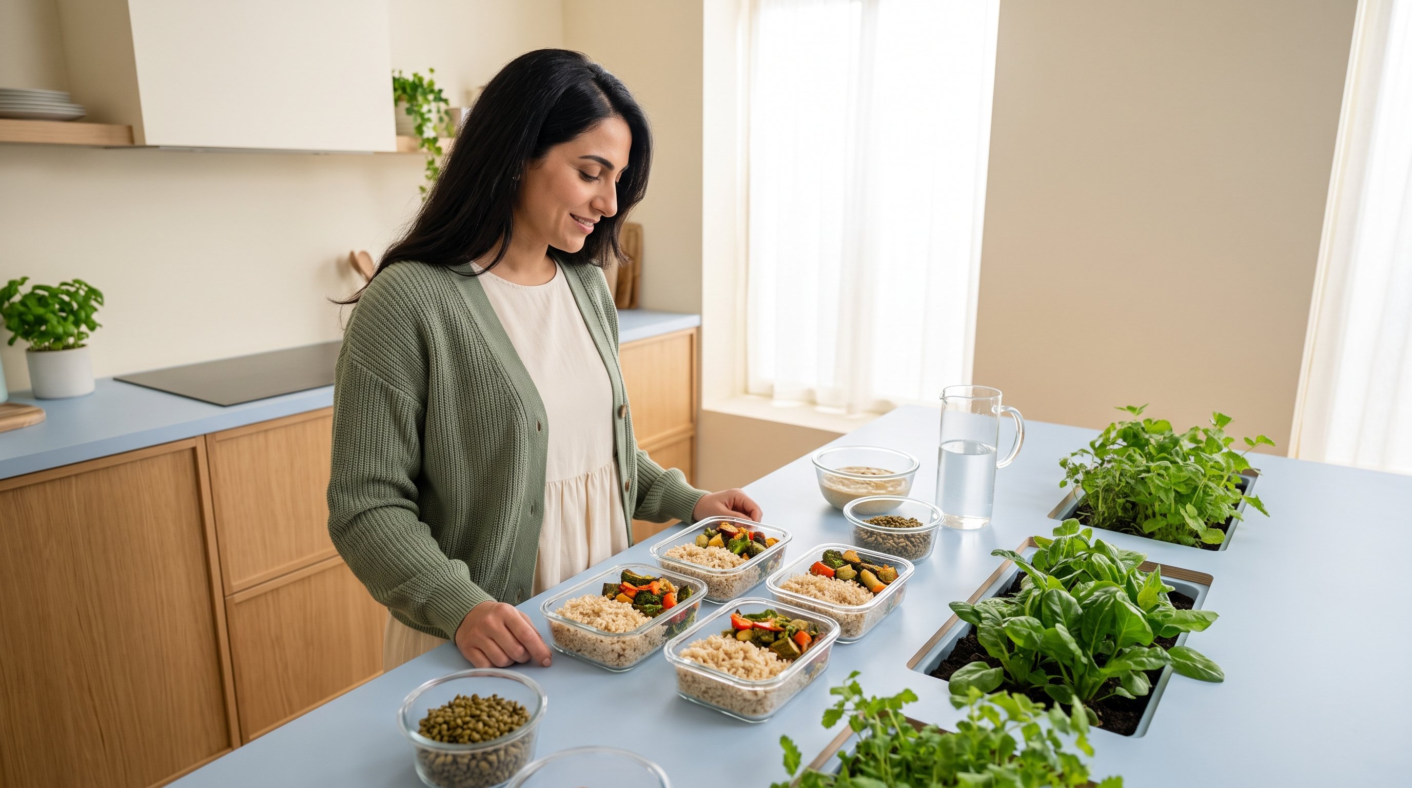 person portioning rice and lentils into glass containers at a kitchen table