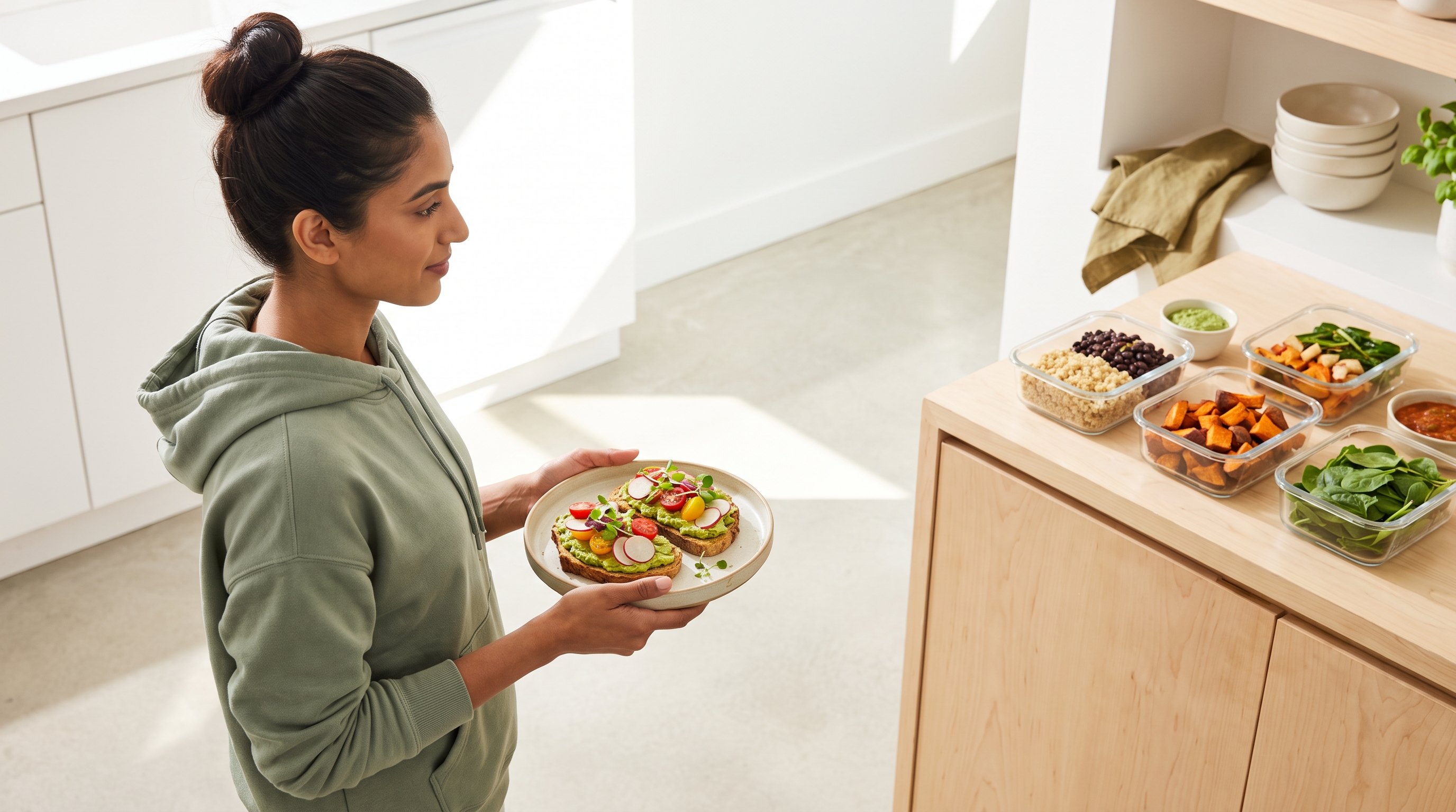containers of rice beans and vegetables lined up on a counter