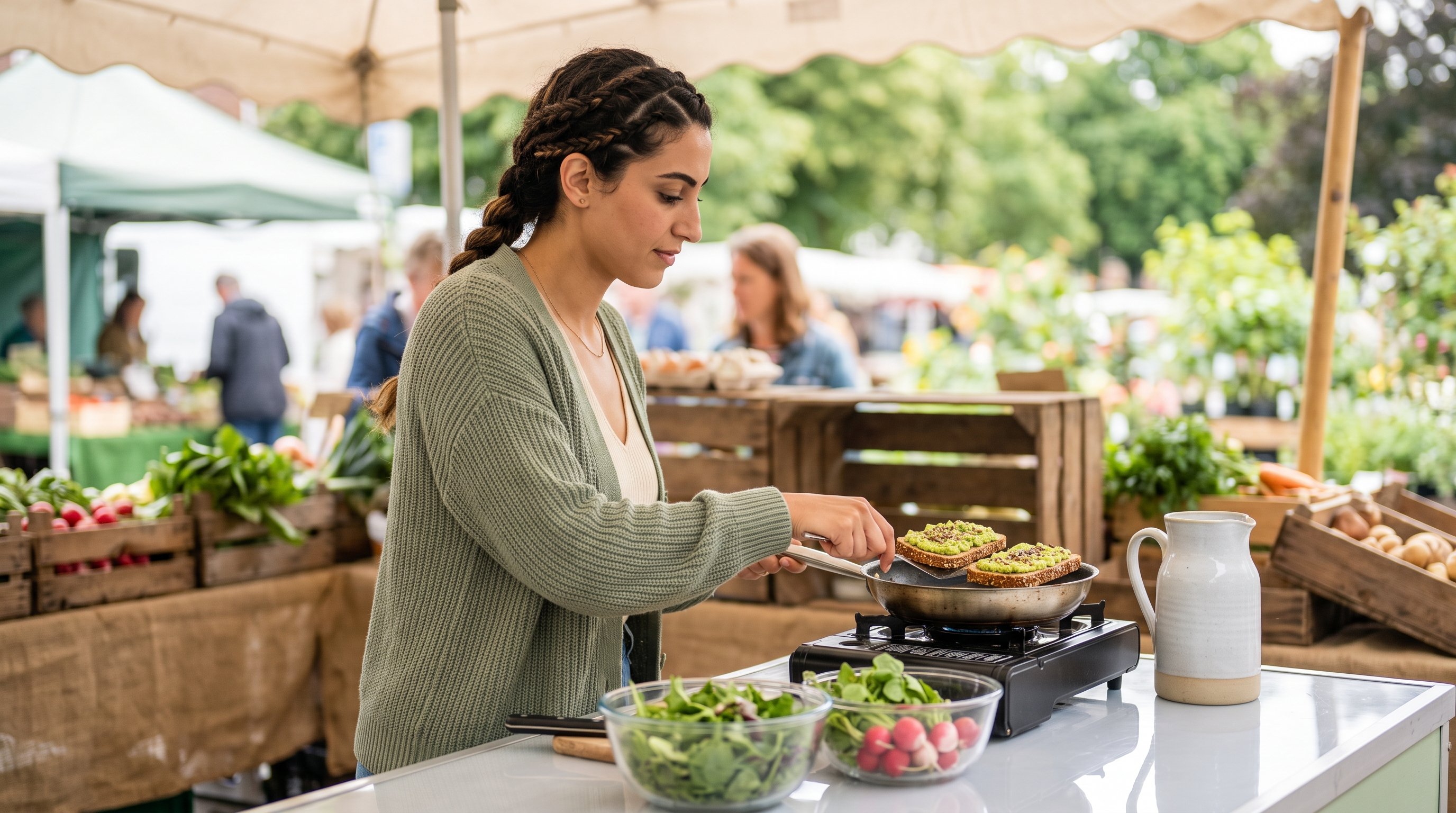 A woman in her late 20s eating a green smoothie at an outdoor terrace table A woman in her late 20s eating a green smoothie at an outdoor terrace table