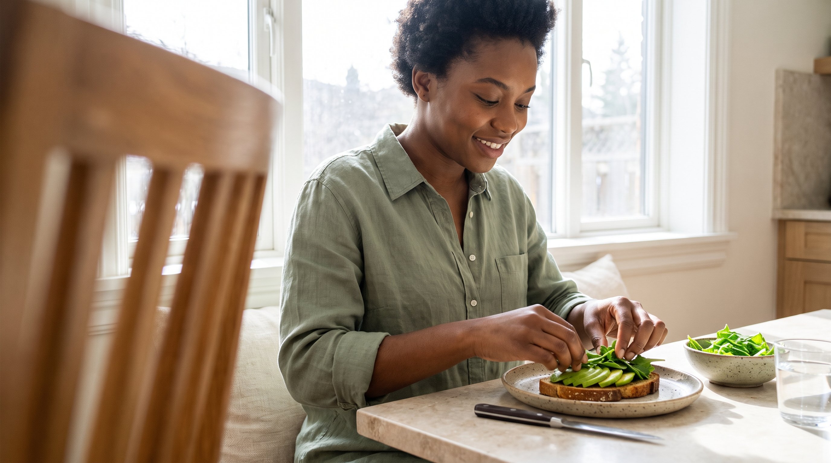 A woman in her late 20s preparing avocado toast with greens in a bright white kitchen