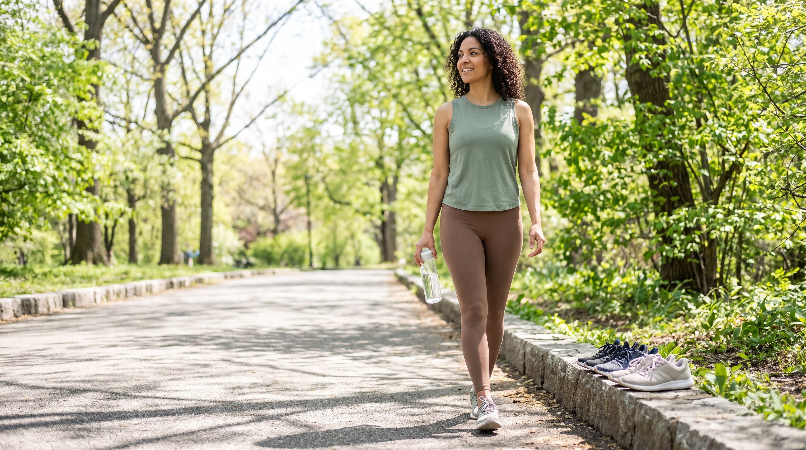 A woman in her late 20s walking outdoors on a sunny neighbourhood path