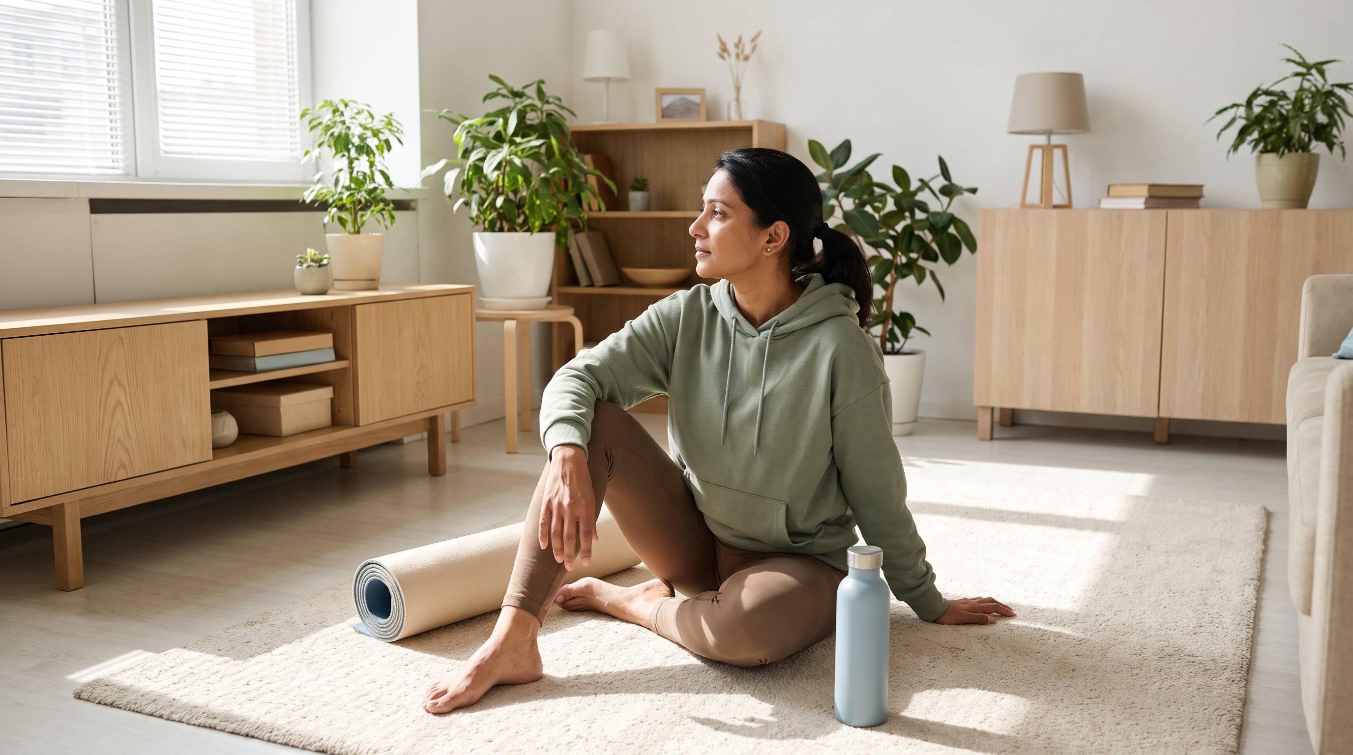 older adult doing bodyweight squats in a living room