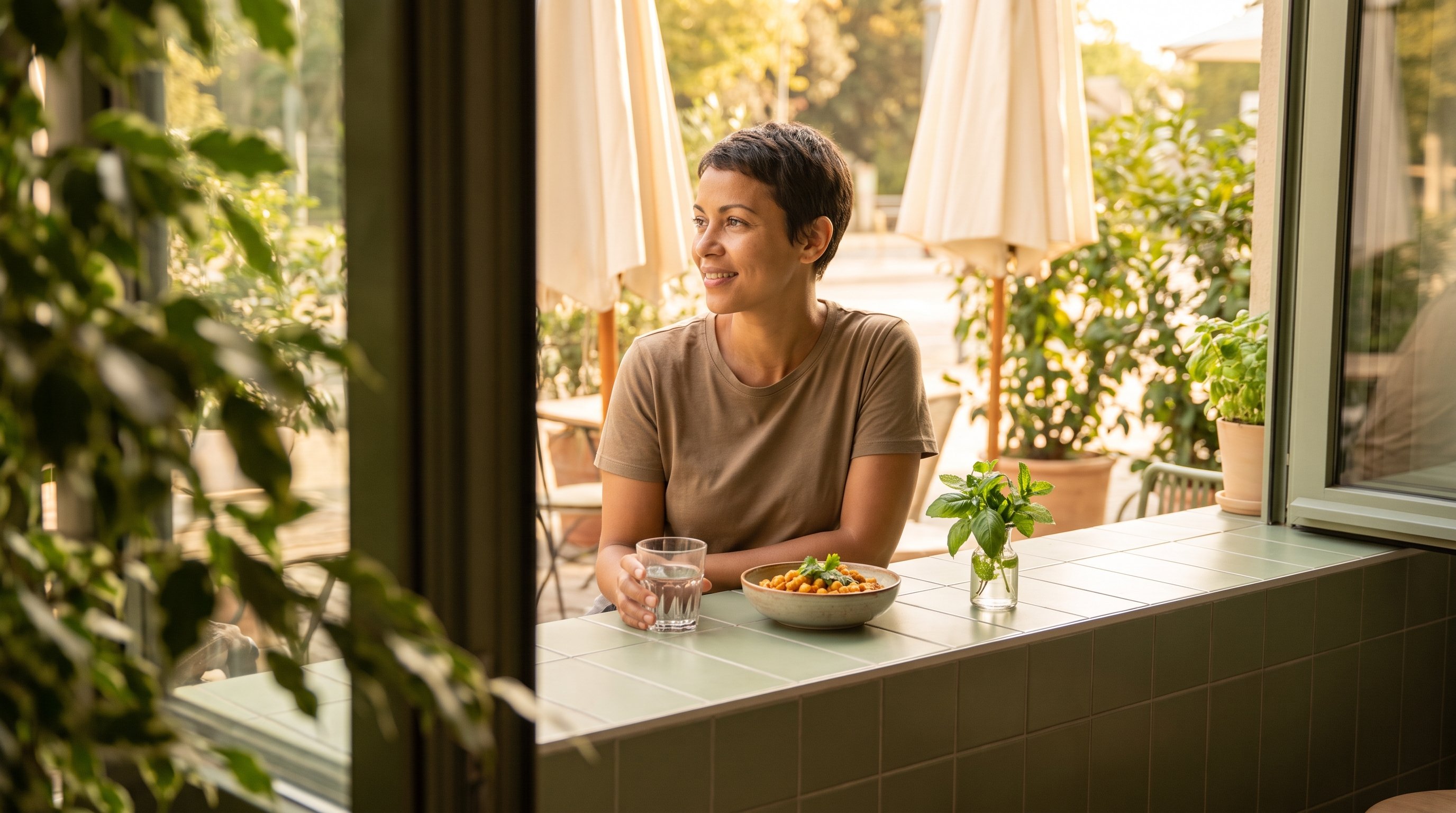 A woman in her late 20s relaxing with a glass of water after a meal at an outdoor terrace table