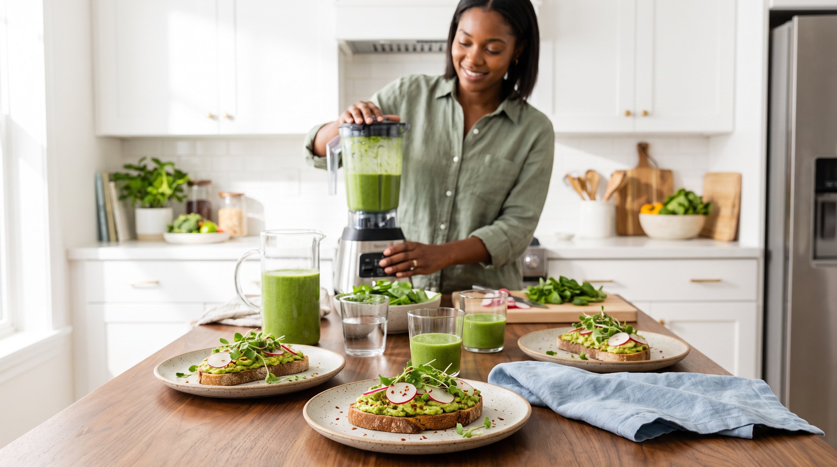 A woman in her late 20s smiling while cooking a green smoothie in a bright white kitchen