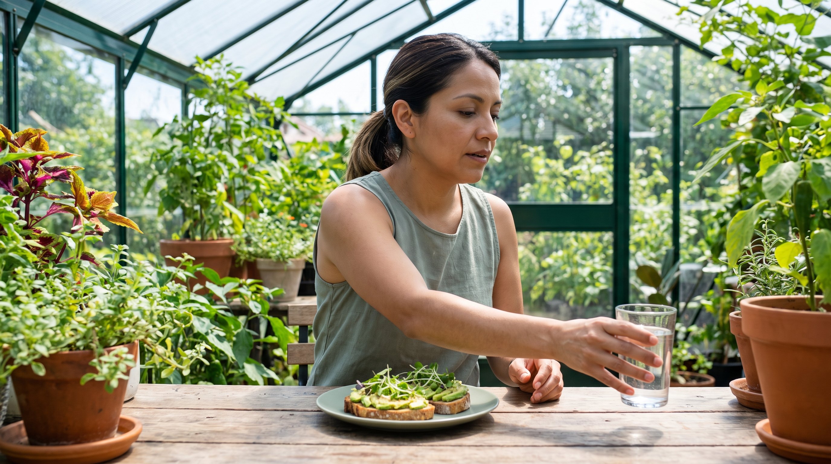 Avocado toast with greens served on an outdoor terrace table