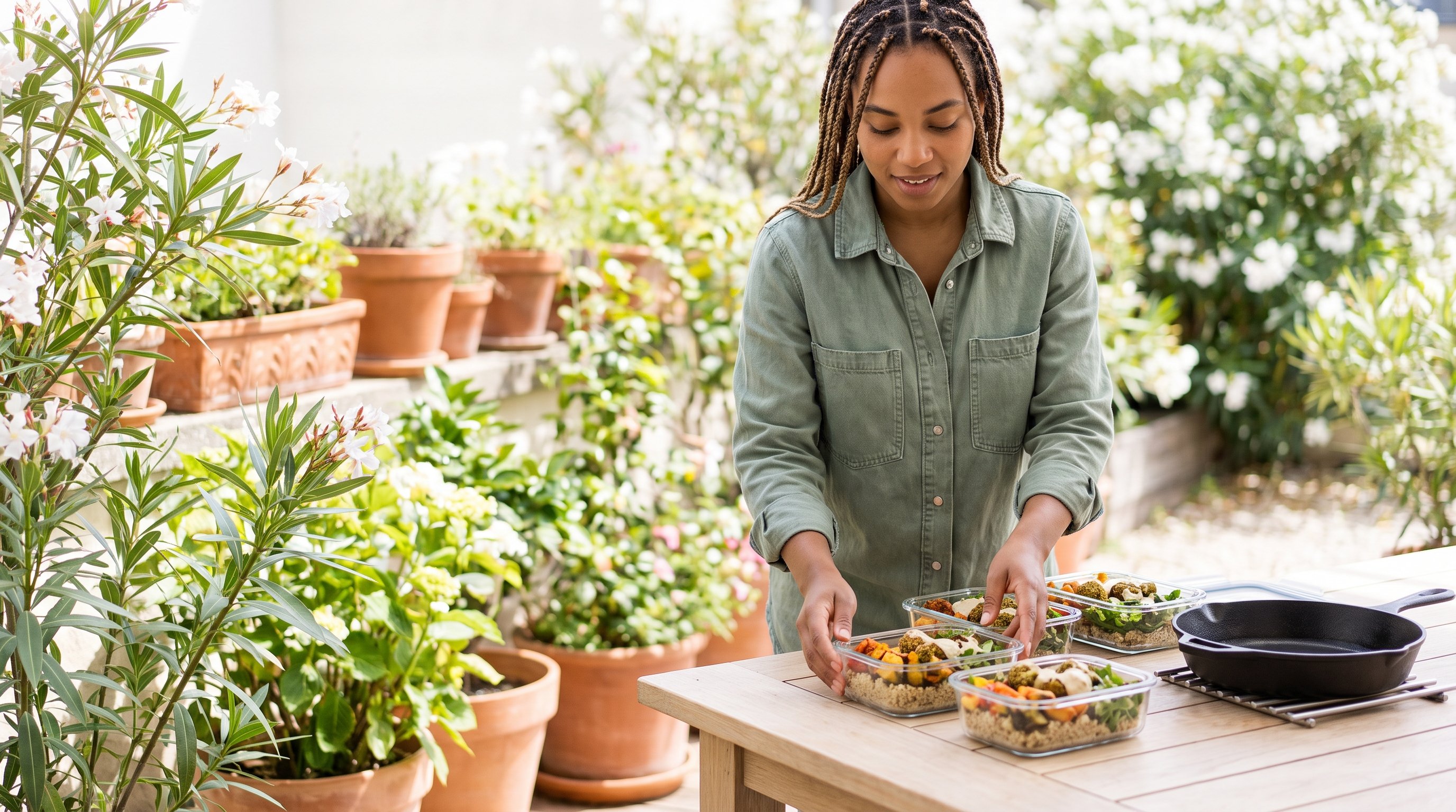 person packing batch-cooked meals into glass containers on kitchen counter