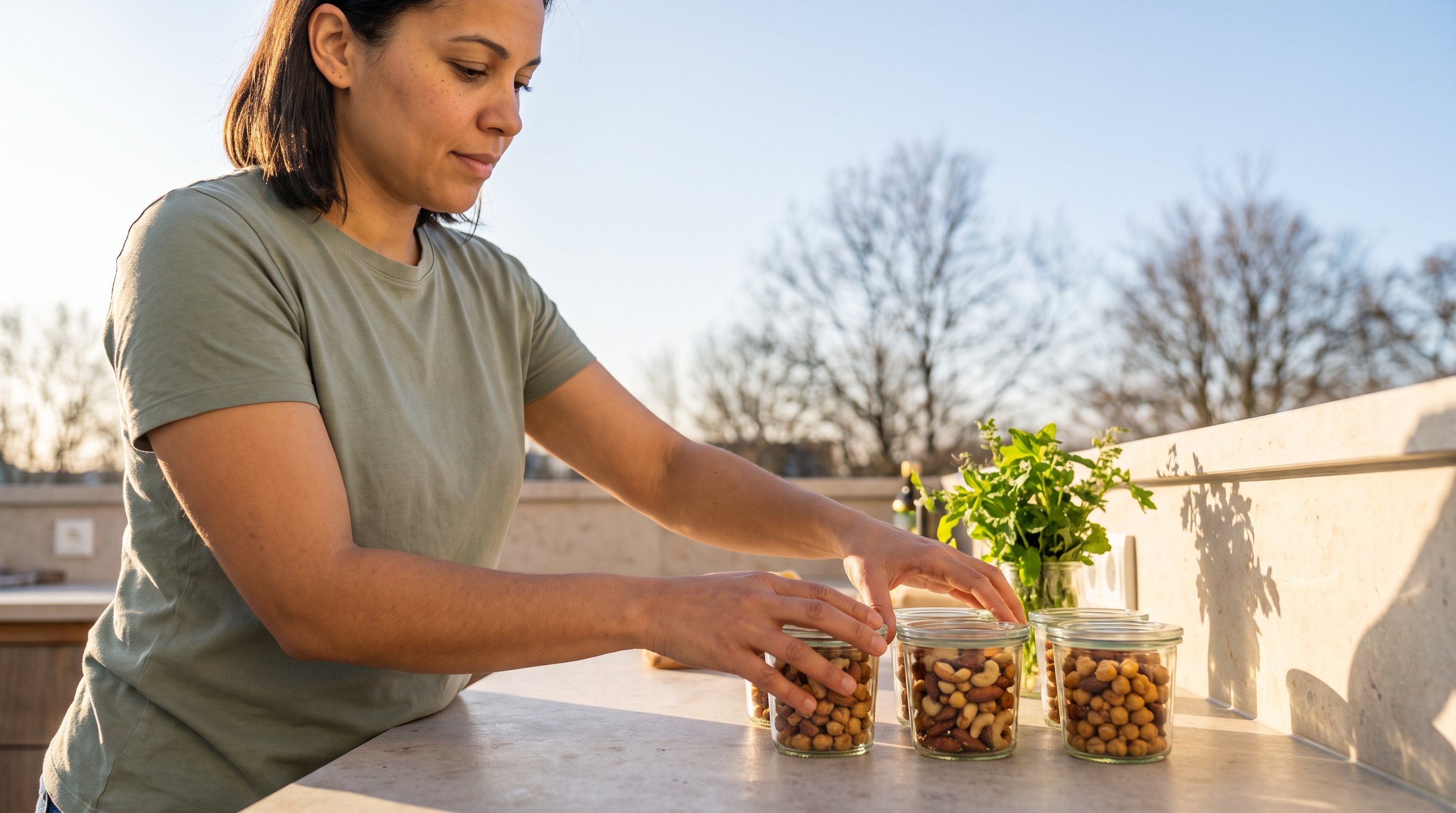 person portioning roasted chickpeas and nuts into small jars
